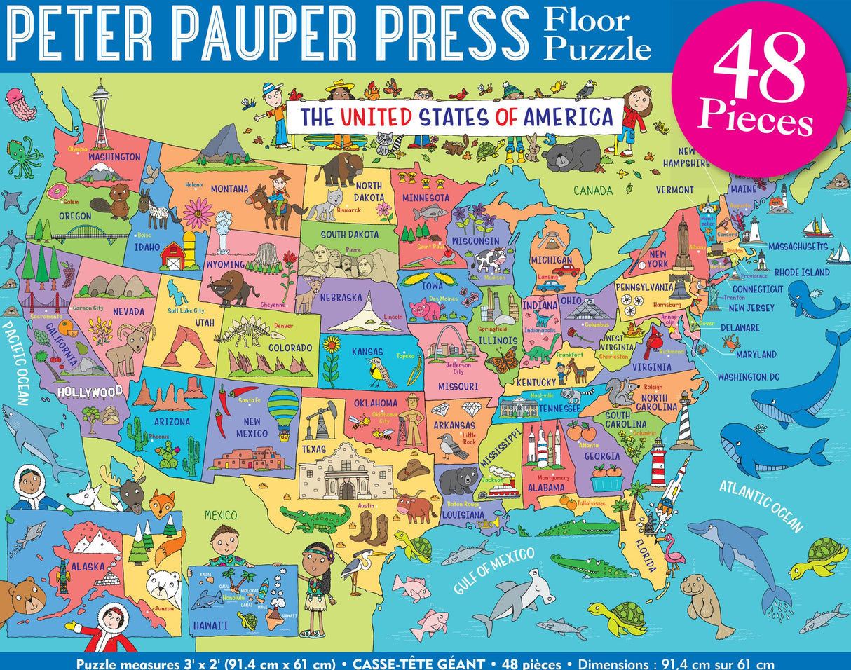 PETER PAUPER PRESS USA Map Jumbo Floor Puzzle - Fun and Educational! Learn Geography, State capitols, and Historic Landmarks. (48 Pieces) (36 inches Wide x 24 inches high) PETER PAUPER PRESS