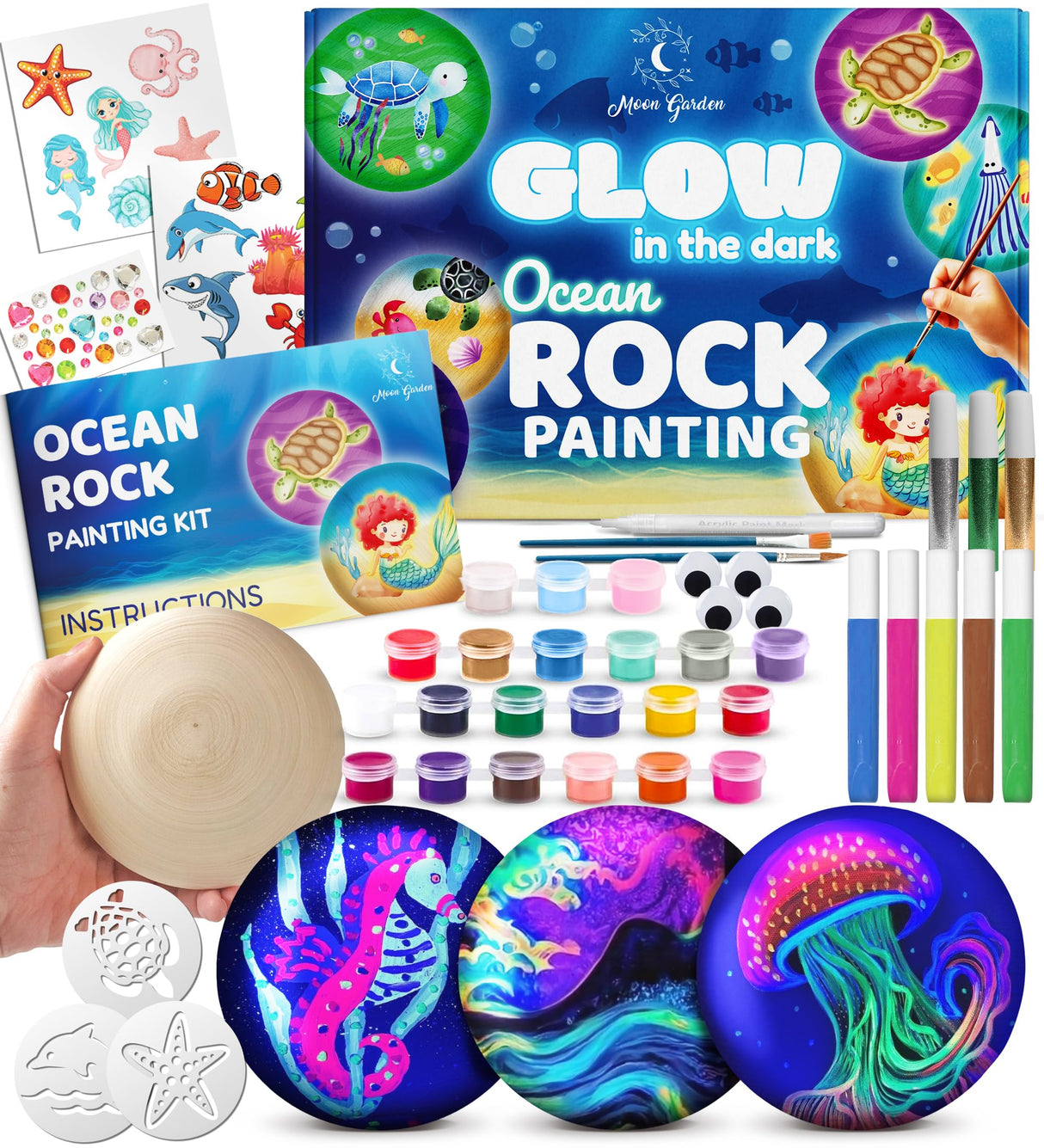 Glow in The Dark Ocean Rock Painting Kit, Arts and Crafts Painting Rocks for Kids, Kids Craft Paint Kits, Craft Activities Kits, Arts and Crafts Gifts for Boys Girls, Birthday Gift, Ages 6 and up Moon Garden