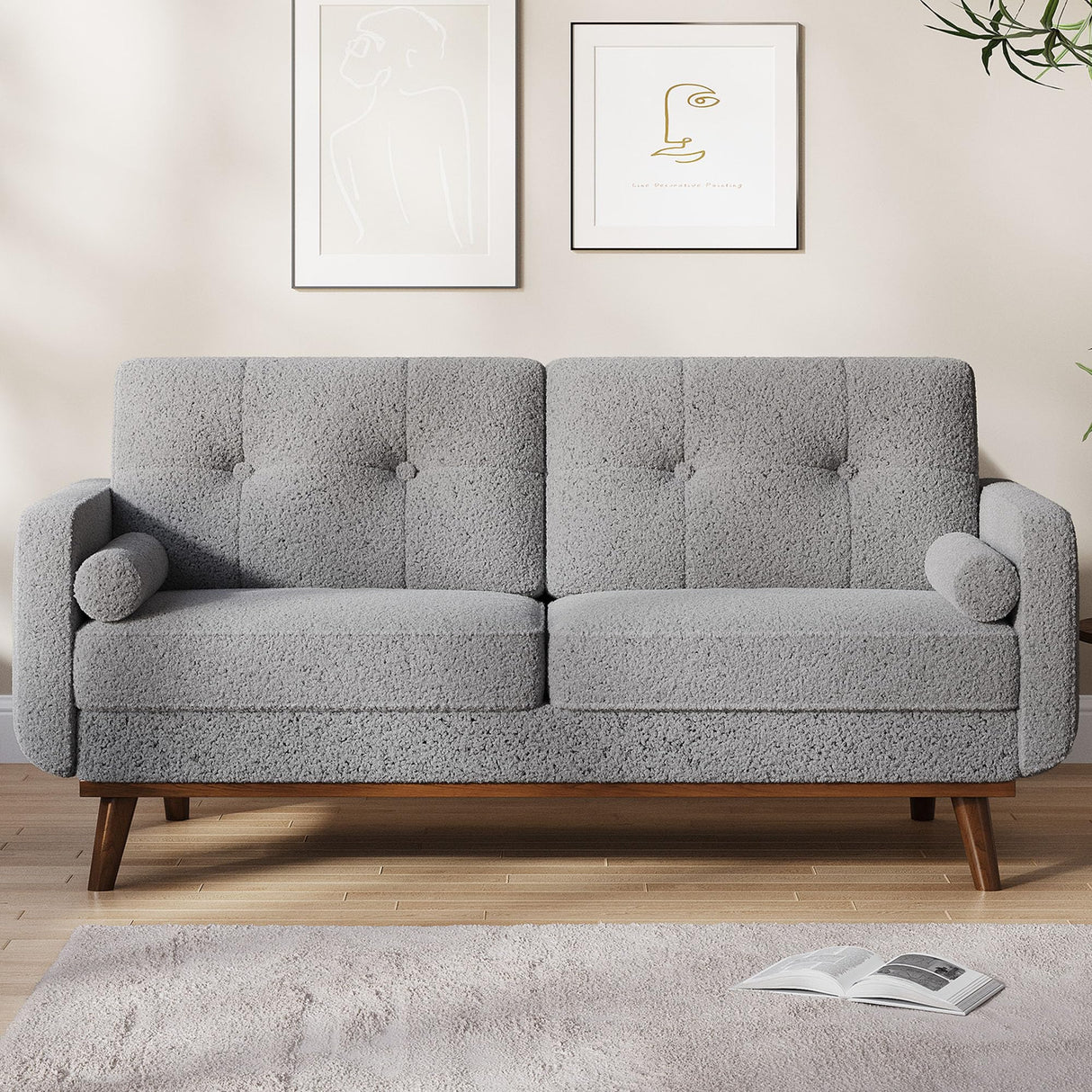 GarveeHome 65 in Loveseat Sofa, Mid Century Modern Couch Comfy Love Seat Couches for Living Room, 2 Seater Deep Seat Couch Teddy Fleece Boucle Upholstered Couches for Bedroom Office Small Space, Grey GarveeHome