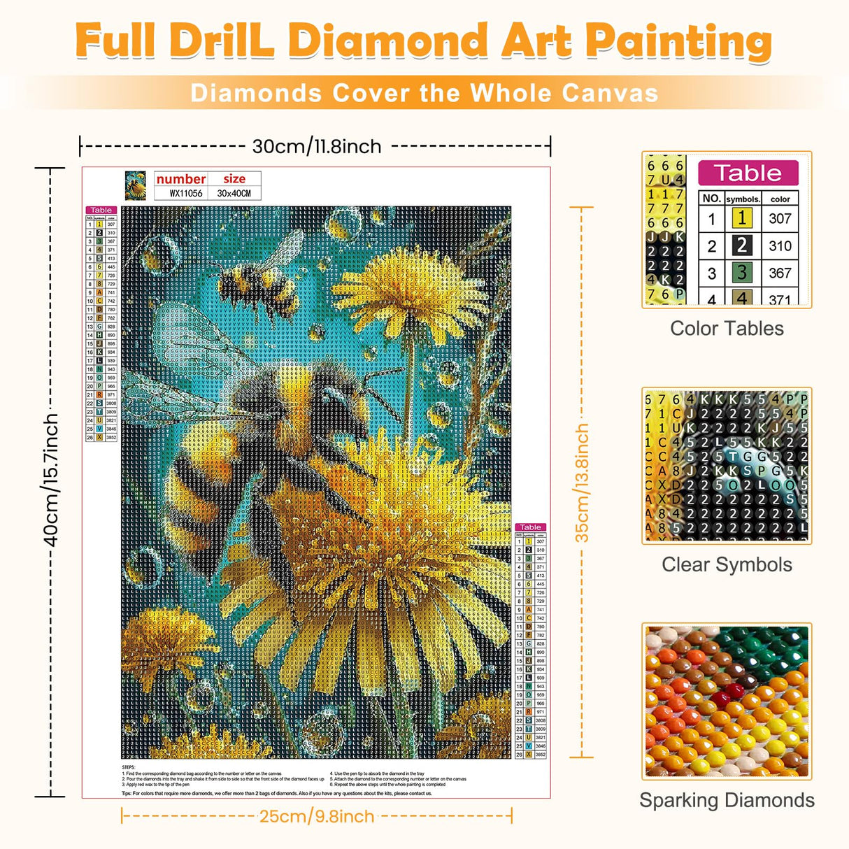 MOGTAA Bee Diamond Art Painting Kits for Adults, Bee Flowers Diamond Painting Kits for Beginners, DIY 5D Diamond Dots Kits Gem Painting for Home Art Decor 12x16 inch MOGTAA