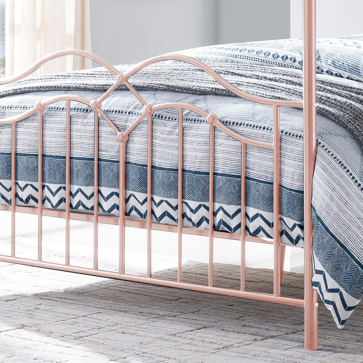 Merax Queen Size Canopy Bed Frame, Metal Four-Poster Platform Bed Frame, Under-Bed Storage Space, No Box Spring Needed Easy Assembly Pink Merax