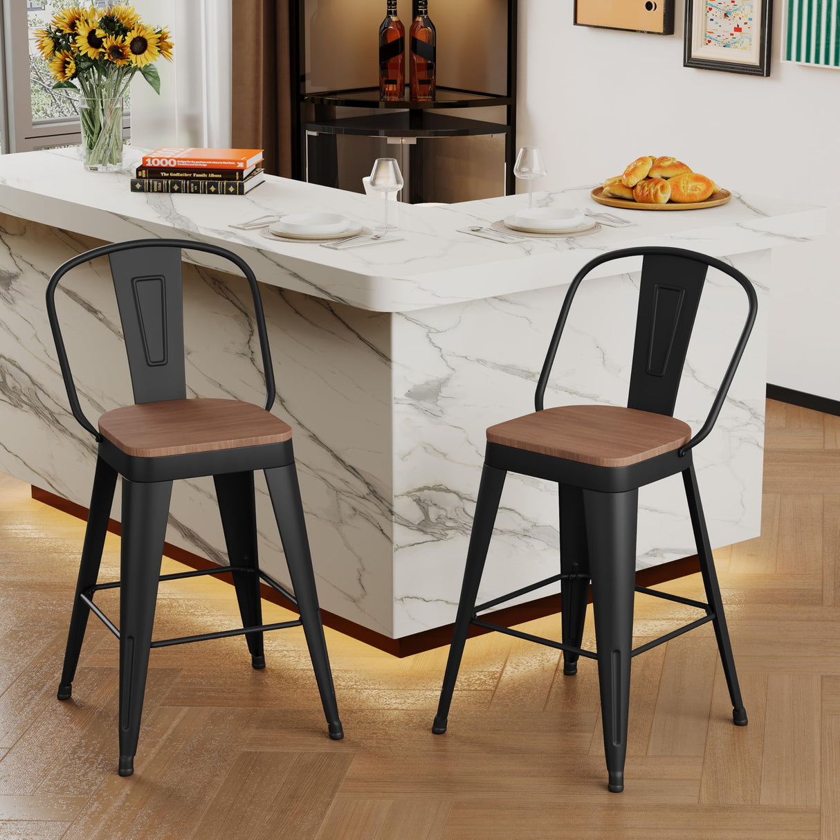 Andeworld Metal Bar Stools Set of 2, 24 inch Counter Height Barstools with Backs Farmhouse Modern High Back Bar Stools with Larger Seat Kitchen Dining Bar Chairs,Matte Black Andeworld