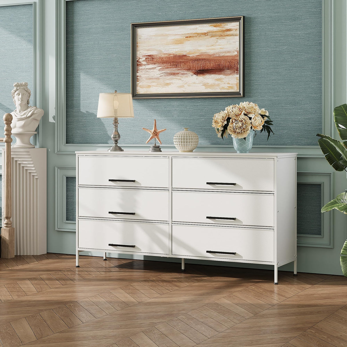 WLIVE White TV Stand for 60, 65, 70 inch TV, Large Entertainment Center with 6 Fabric Drawer, TV Media Console Table with Wood Top, Adjustable Feet for Living Room, WLIVE