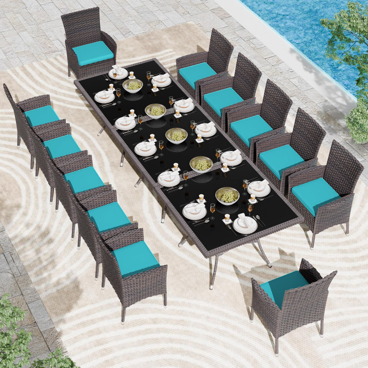 Kullavik 15-Piece Outdoor Dining Set Patio Rattan Furniture Set,Patio Dining Table and Chairs Set with 12 Chairs and Cushions,Square Glass Tabletop with Umbrella Hole for Patio,Backyard,Garden,Blue Kullavik