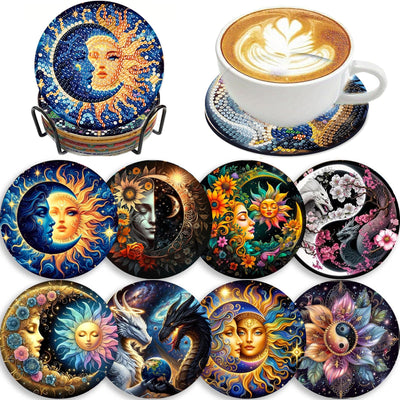 8 PCS Sun and Moon Diamond Art Coasters-Sun Diamond Painting Coasters Kits with Holder, DIY Moon Coaster Kit with Cork Bases for Adults Beginners as Gift Home Decors