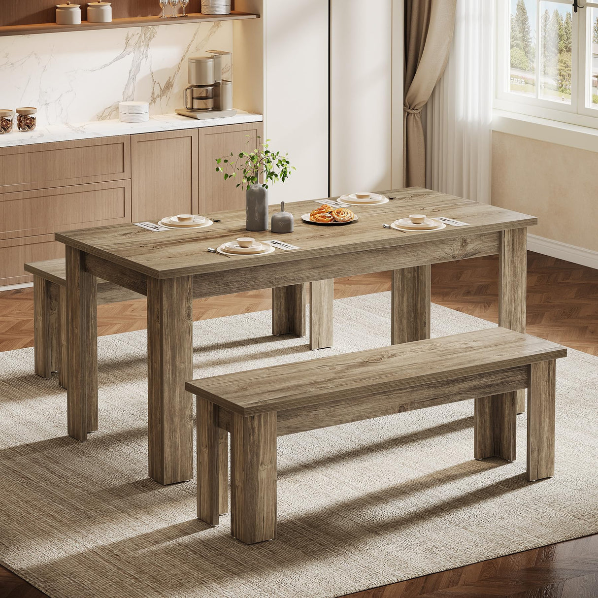 Tribesigns Dining Table Set for 6, 55.1-Inch Rectangle Kitchen Table with 2 Benches, 3-Piece Wooden Dining Room Table Set for Kitchen Tribesigns