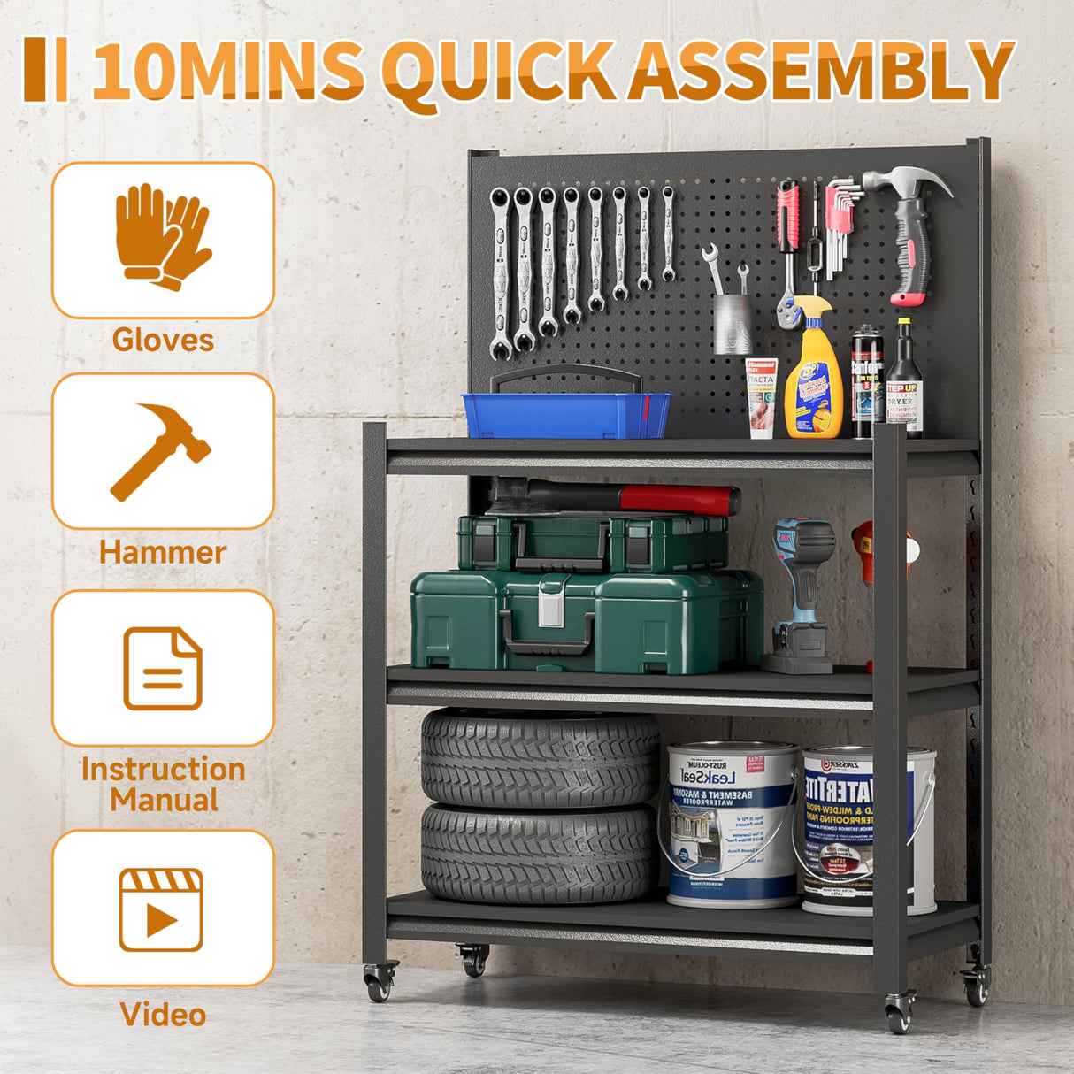 Workbench with Pegboard, 48" H Adjustable Heavy Duty Work Table with Wheels, Heavy Duty Workstation, Metal Tool Work Bench for Garage Warehouse Workshop Firstsky