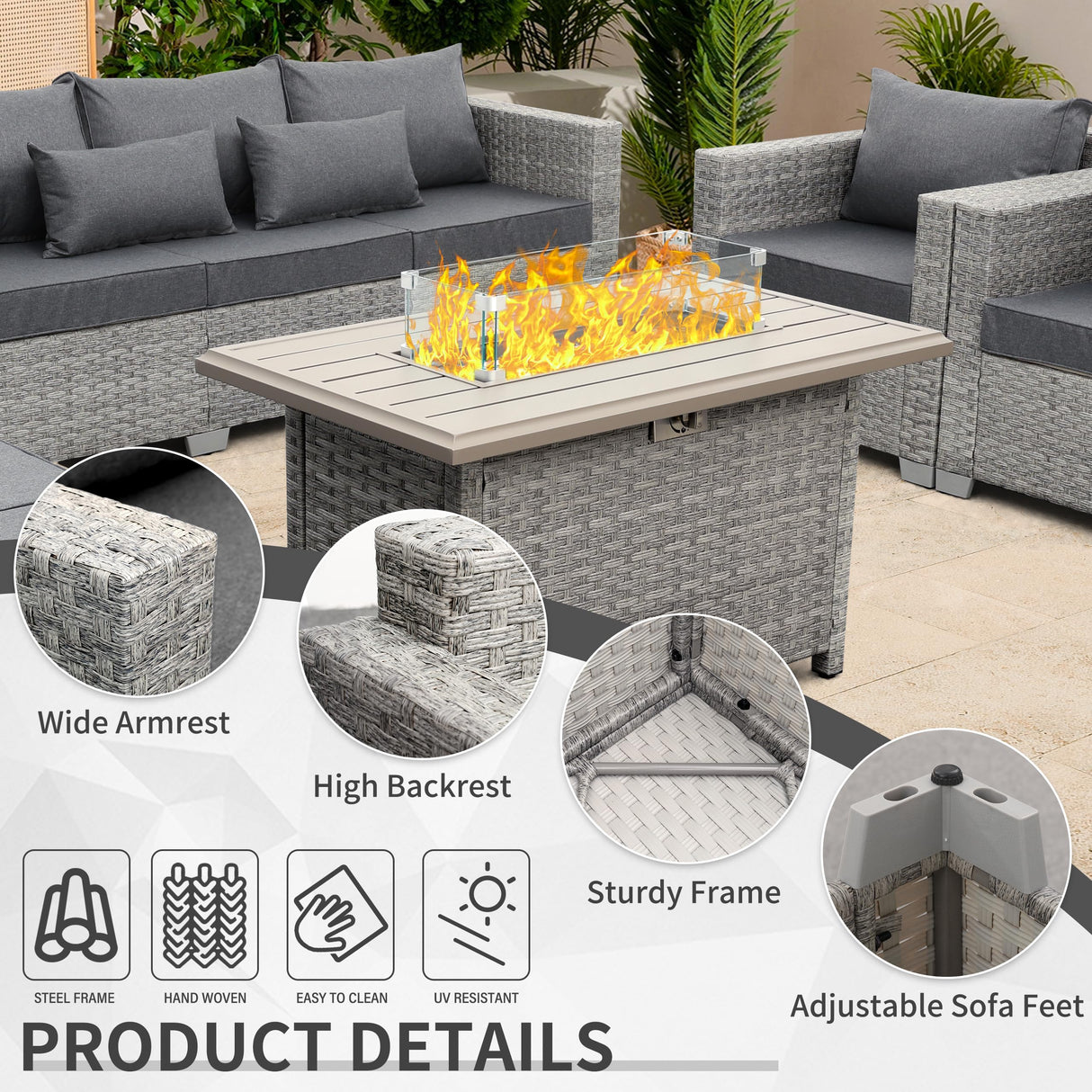 WAROOM Patio Furniture Set 5 Piece Grey Wicker Outdoor Furniture with Fire Pit Table, Patio Sectional Sofa Couch Sets Backyard Deep Seating PE Rattan Chairs, Grey Cushion WAROOM