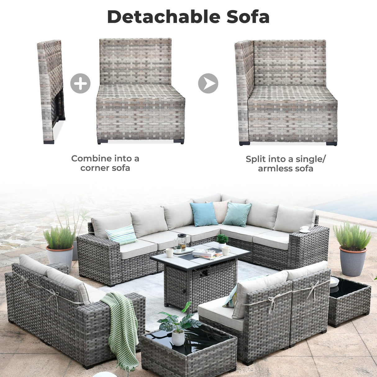 ovios 13 Pieces Patio Furniture Set, Outdoor Sectional Sofa with Rectangular Fire Pit Table, Wide Armrests and Deep Seat, Modern Modular Wicker Rattan Conversation Set, Beige ovios