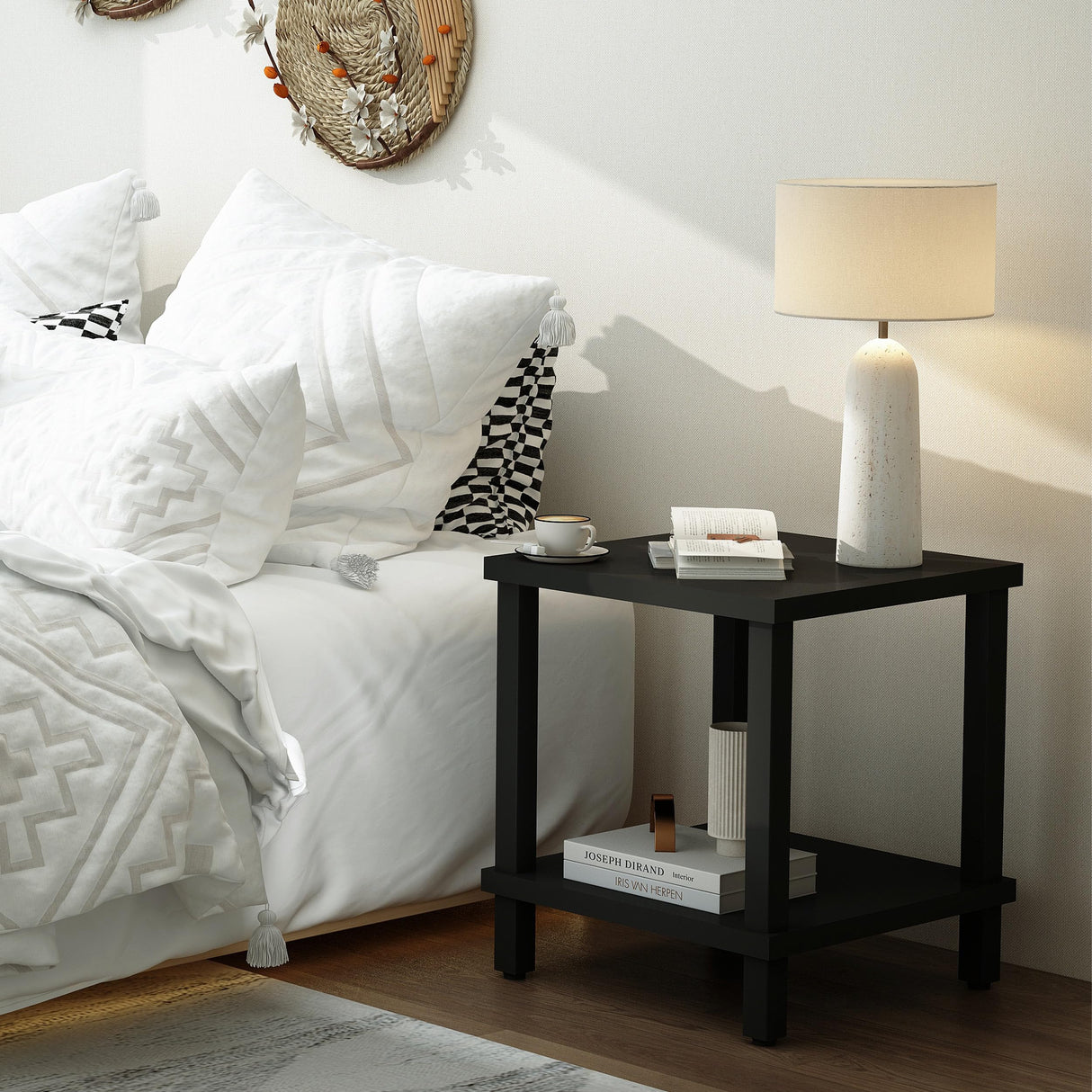 MMEOLUOOK Large End Table Square Side Table Modern Sofa Table 20 Inch Industrial Coffee Table NightStand with 2-Tier Storage Shelf for Living Room Bedroom Black MLBZ06B