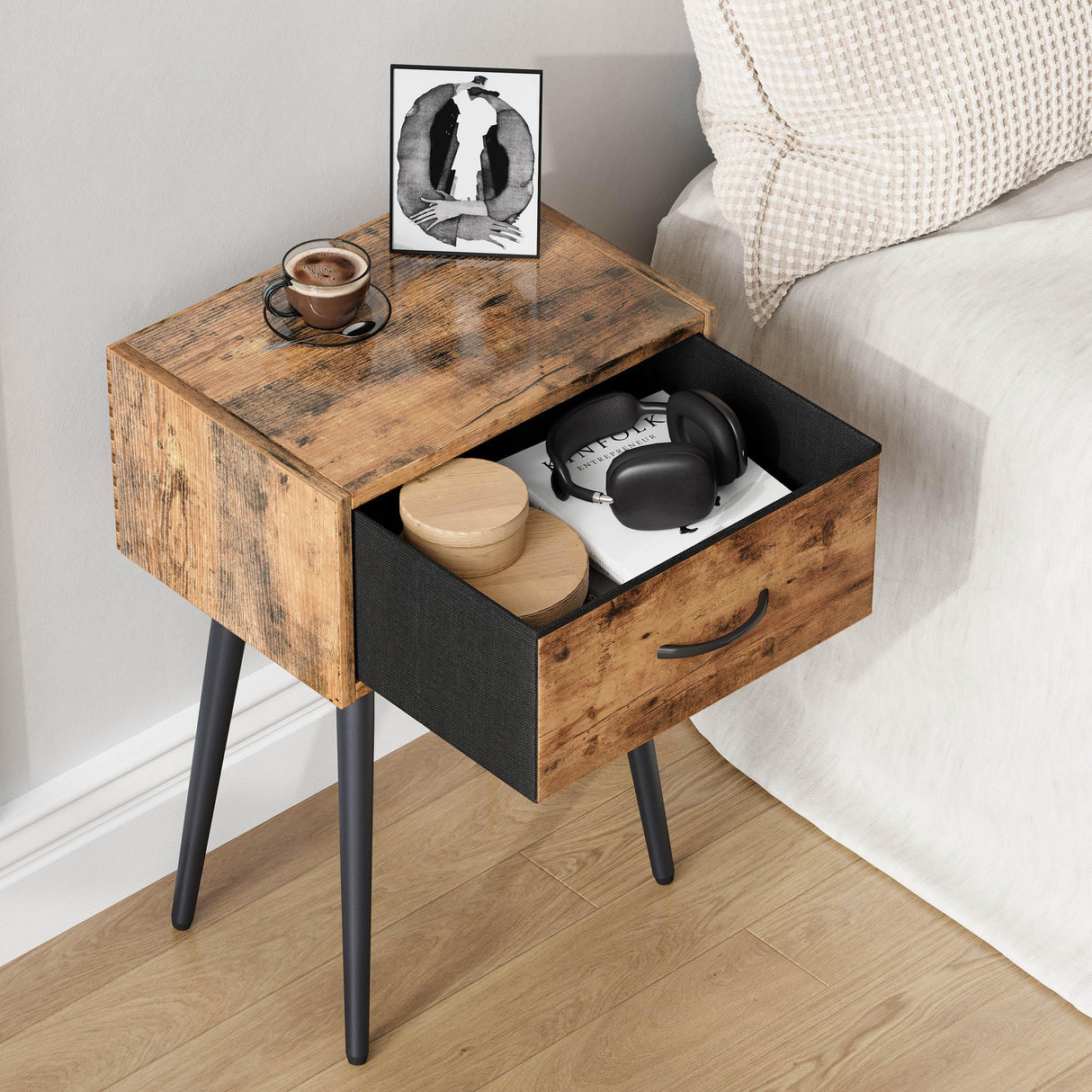 Small Nightstands Set of 2, Bedside Table with Fabric Drawer, Idustrial End Table with Metal Leg, Couch Side Table for Bedroom Living Room, Sofa, Office Rustic Brown LNT504R IRCPEN