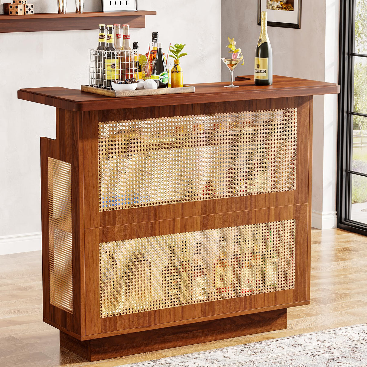 Tribesigns Caramel Brown Farmhouse Rattan Bar Cabinet with 4 Stemware Racks and Ample Storage Tribesigns