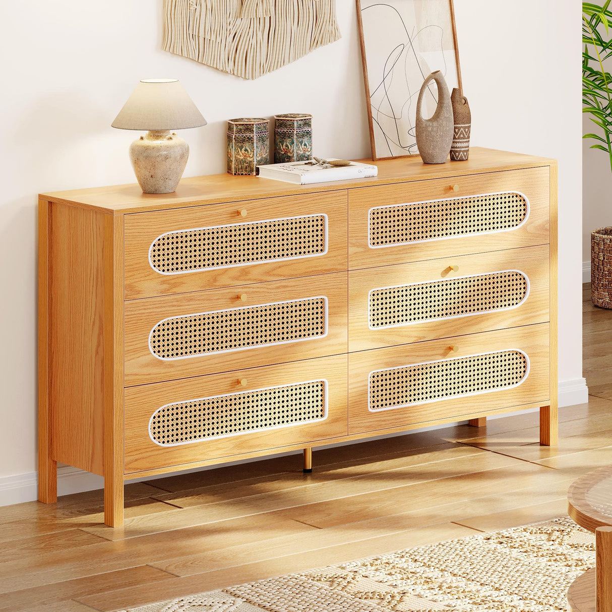 DWVO Natural Rattan 6 Drawer Dressers - Oak Wooden Dresser Chest of Drawers with Golden Handles - Modern Large Closet Boho Dressers Storage Cabinet for Living Room/Hallway/Entryway DWVO
