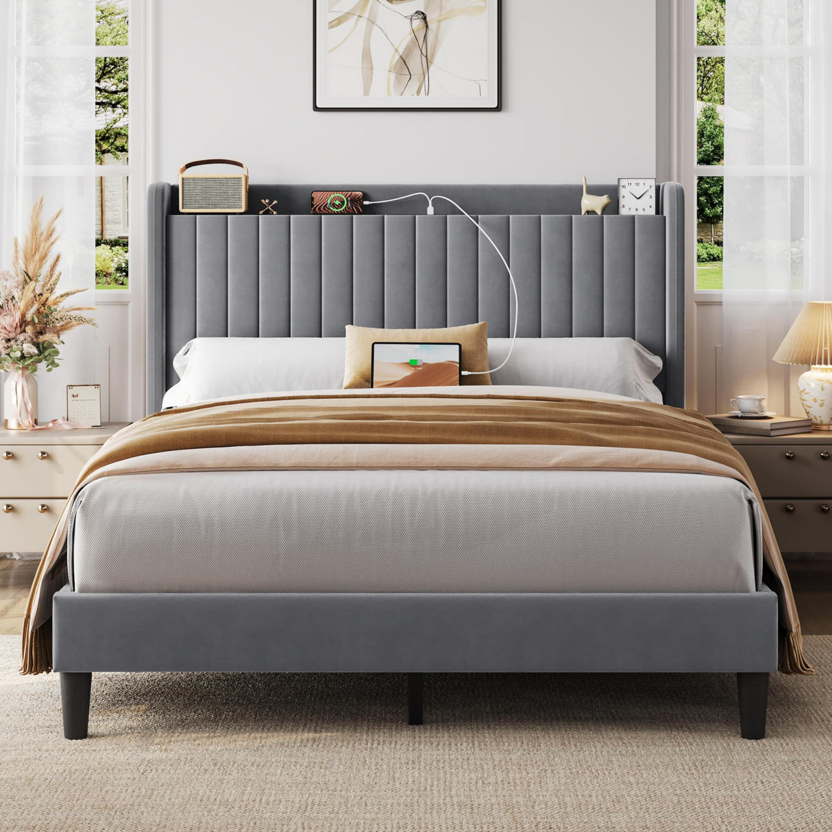 Yaheetech Queen Bed Frame with USB Charging Station and Storage Shelf/Upholstered Headboard Platform Bed with Wing Side/Wooden Slats Support/Noise Free/No Box Spring Needed/Easy Assembly, Light Grey Yaheetech