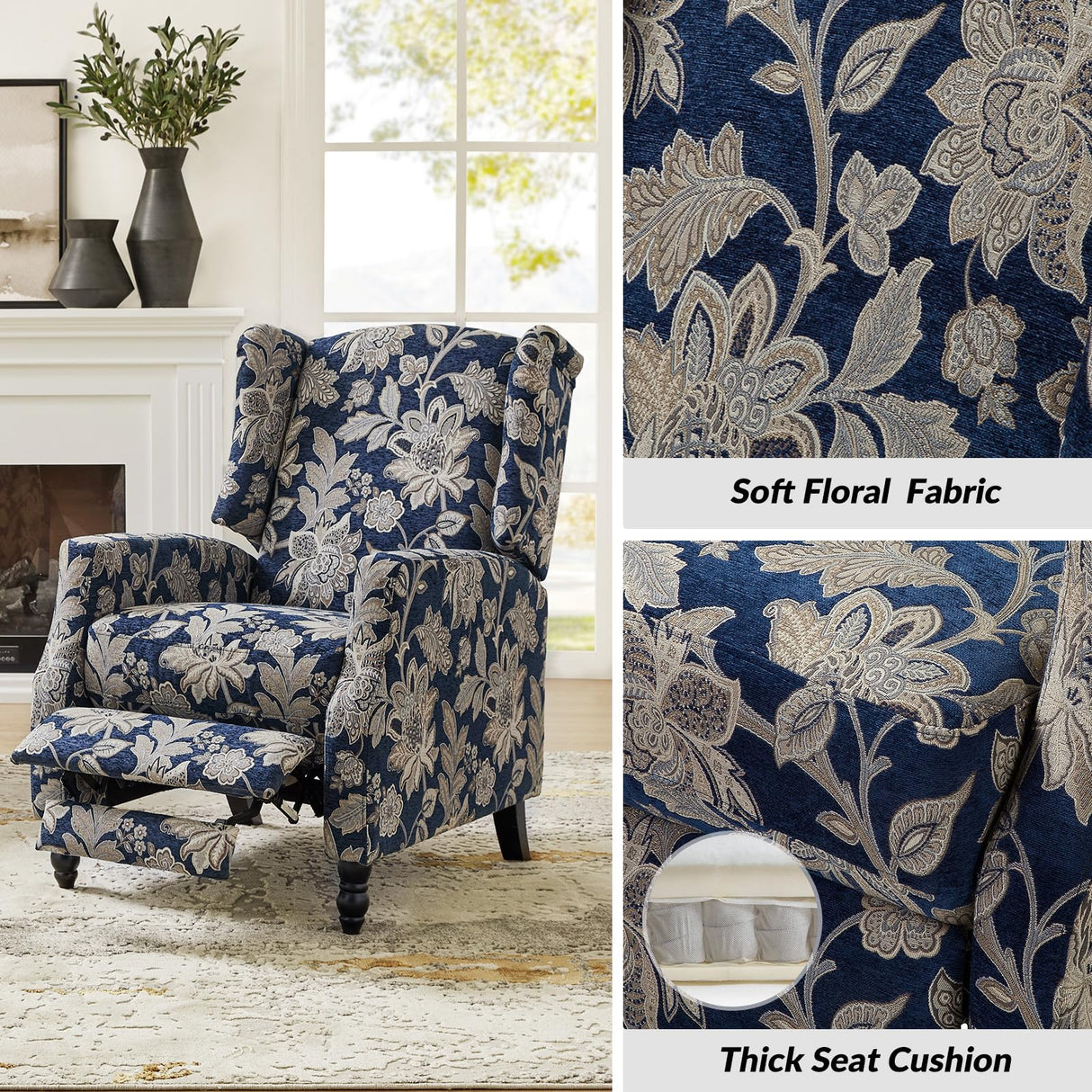 Upholstered Wingback Recliner Chair, Traditional Push Back Recliner Sofa, Mid Century Modern Lounge Armchair for Living Room, Home Theater Accent Chairs Recliners Couches (Garden) TINA'S HOME