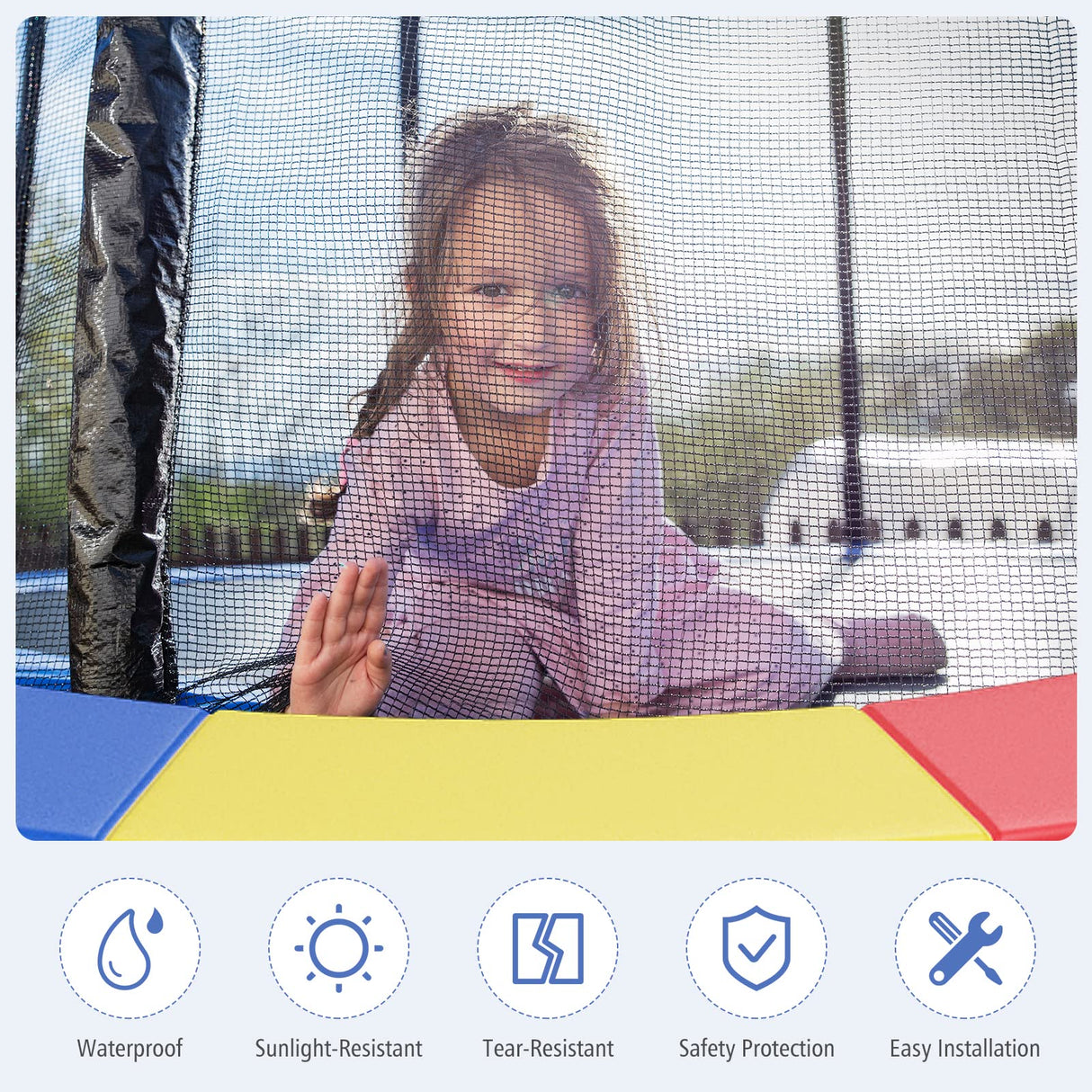 GYMAX Trampoline Spring Cover, 8/10/12/14/15/16FT Trampoline Replacement Safety Pad, Waterproof & Tear-Resistant All-Weather Trampoline Accessories, No Holes for Poles (14Feet, Multicolor) GYMAX