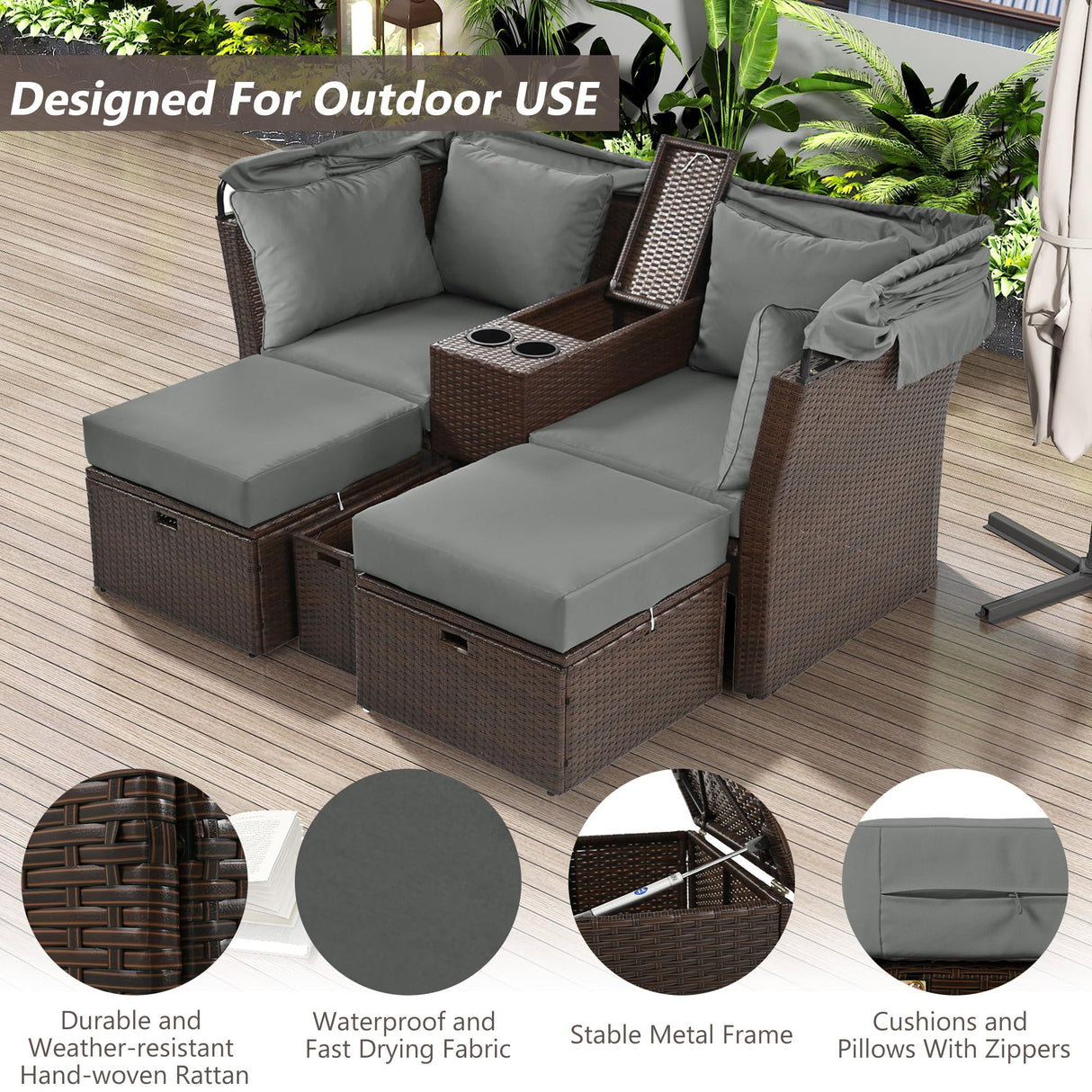 Merax Patio Outdoor Loveseat Sofa Double Daybed Set, 2-Seater with Foldable Awning+Cushions+4 Pillows, for Garden, Balcony, Poolside, Grey Merax
