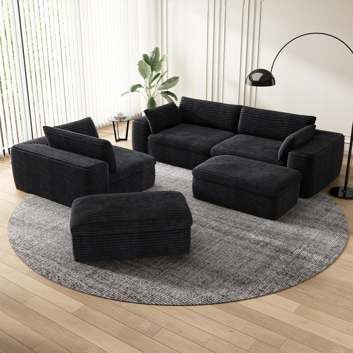 Yomsum 184'' Living Room Sectional Couch with Double Layer Black Plush Corduroy Fabric, 6 Seater Boneless L Shaped Cloud Couch in a Box, No Assembly Modular Sectional Sofa Bed with Ottoman Yomsum