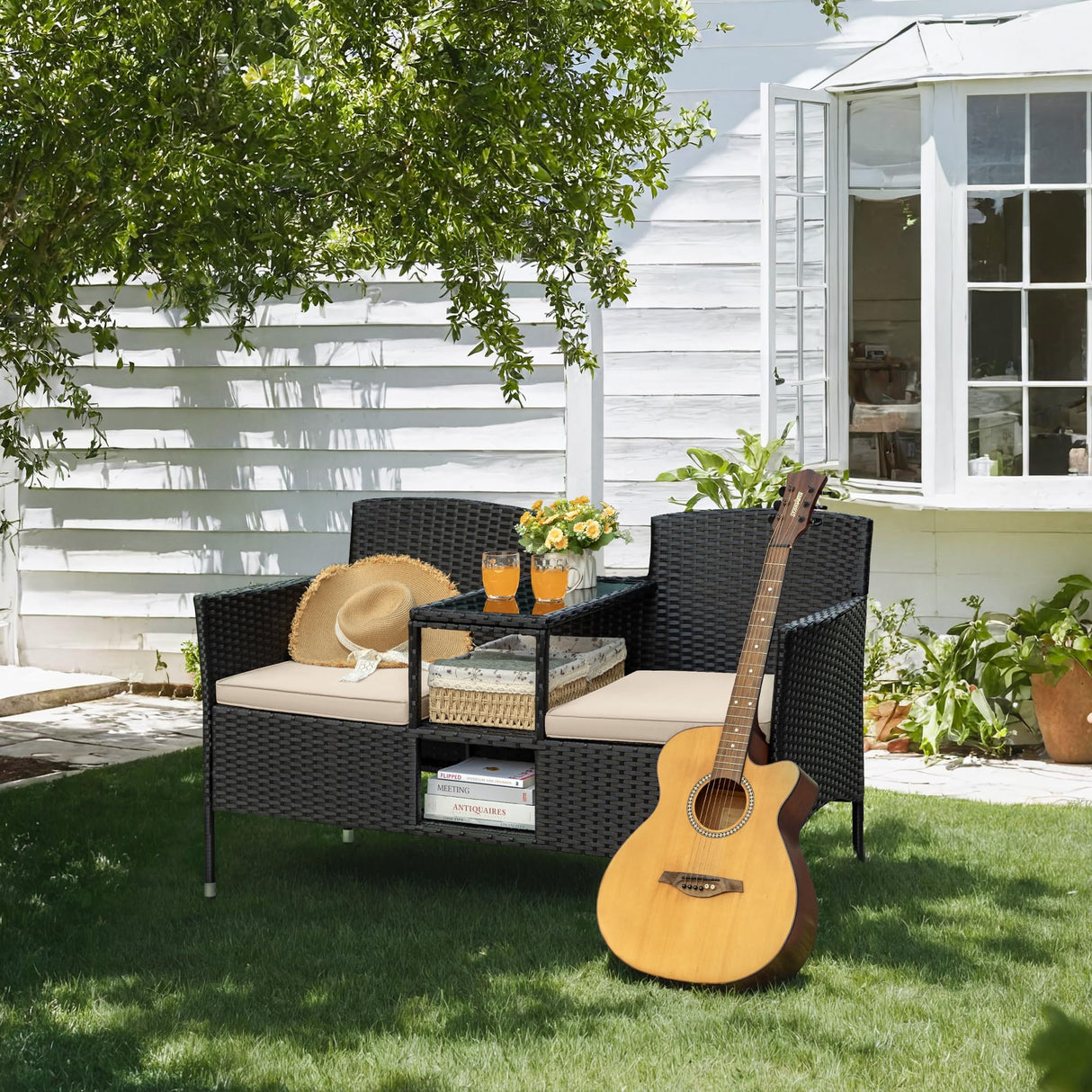 Greesum Patio Loveseat Outdoor Wicker Furniture Conversation Set with Soft Cushions & Built-in Coffee Table for Lawn Garden Backyard, Beige Greesum