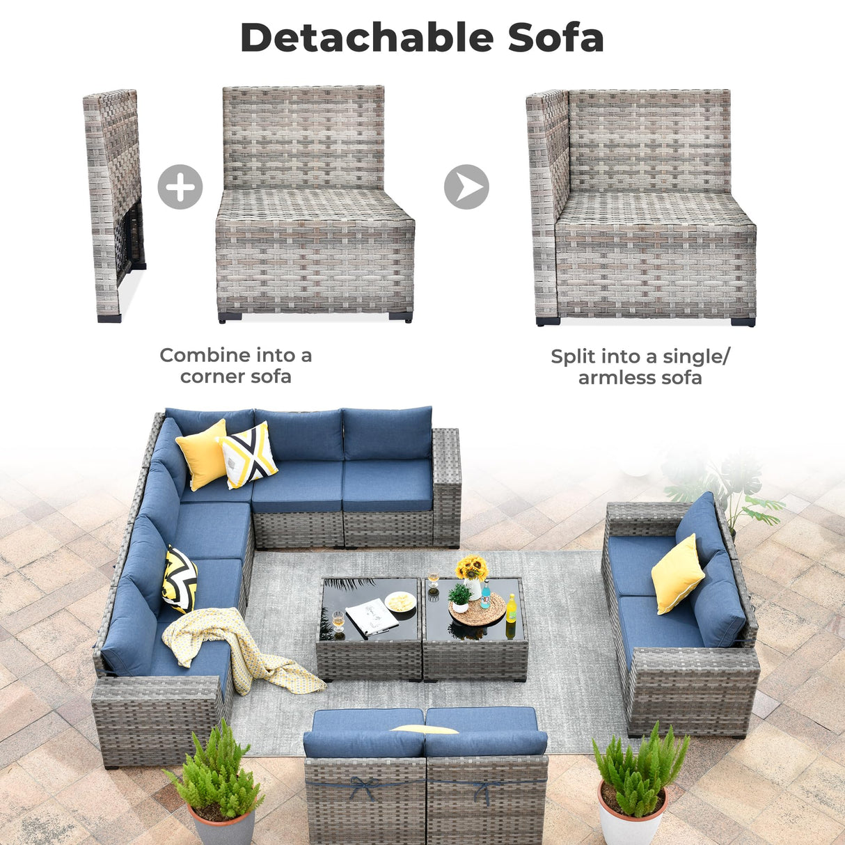 ovios 12 Pieces Patio Furniture Set, Outdoor Wicker Sectional Sofa with Glass Table Comfy Cushions, Modern Modular Deep Seat Couch Rattan Conversation Set, Denim Blue ovios