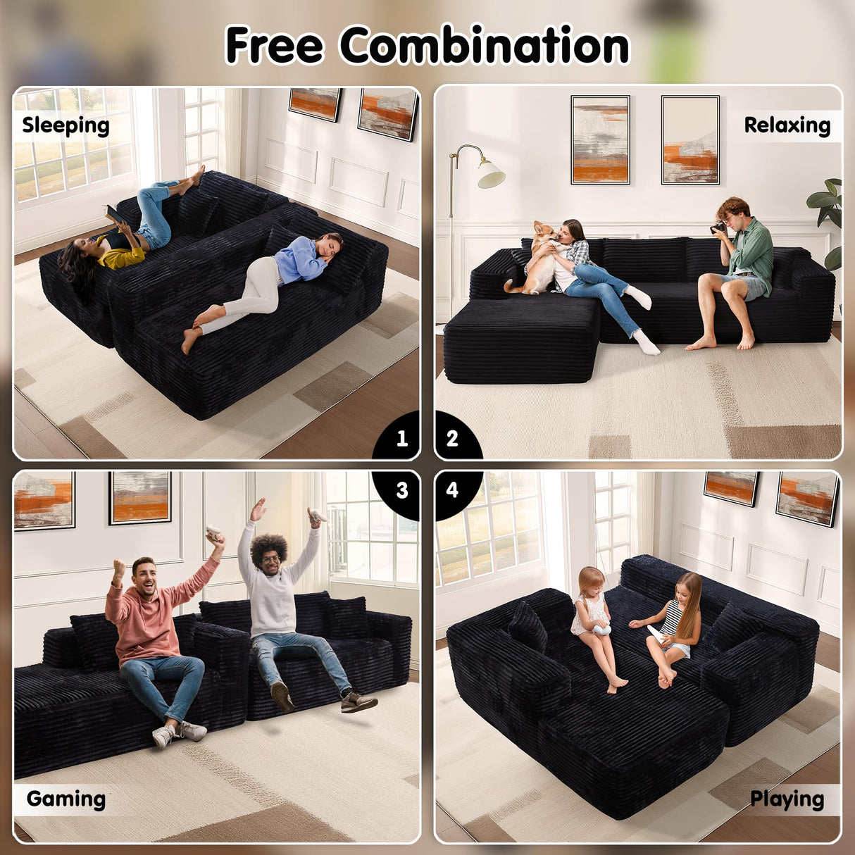 ovios 104" Cloud Sectional Couch with L-Shape Chaise,Modern Modular Sofa with Deep Seat, Upholstered Couches for Living Room Bedroom,No Assembly Required, Black (Plush Corduroy Fabric) ovios