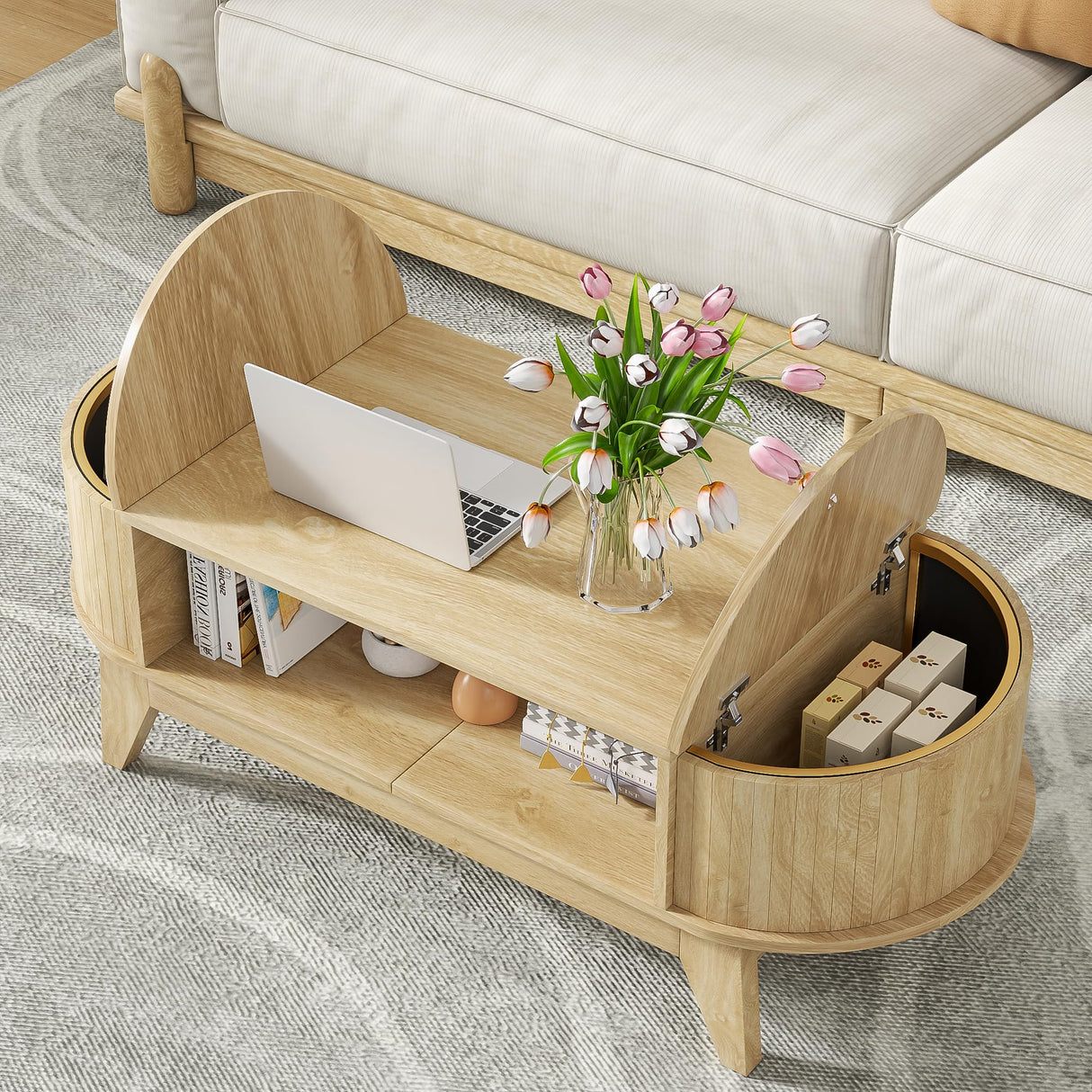 Fsbecl 46.45'' Oval Coffee Tables for Living Room, Mid Century Modern Coffee Table with Storage, Wood Fluted Accent Center Table with Flip-Top Lids for Home,Office (Wood Color) Fsbecl