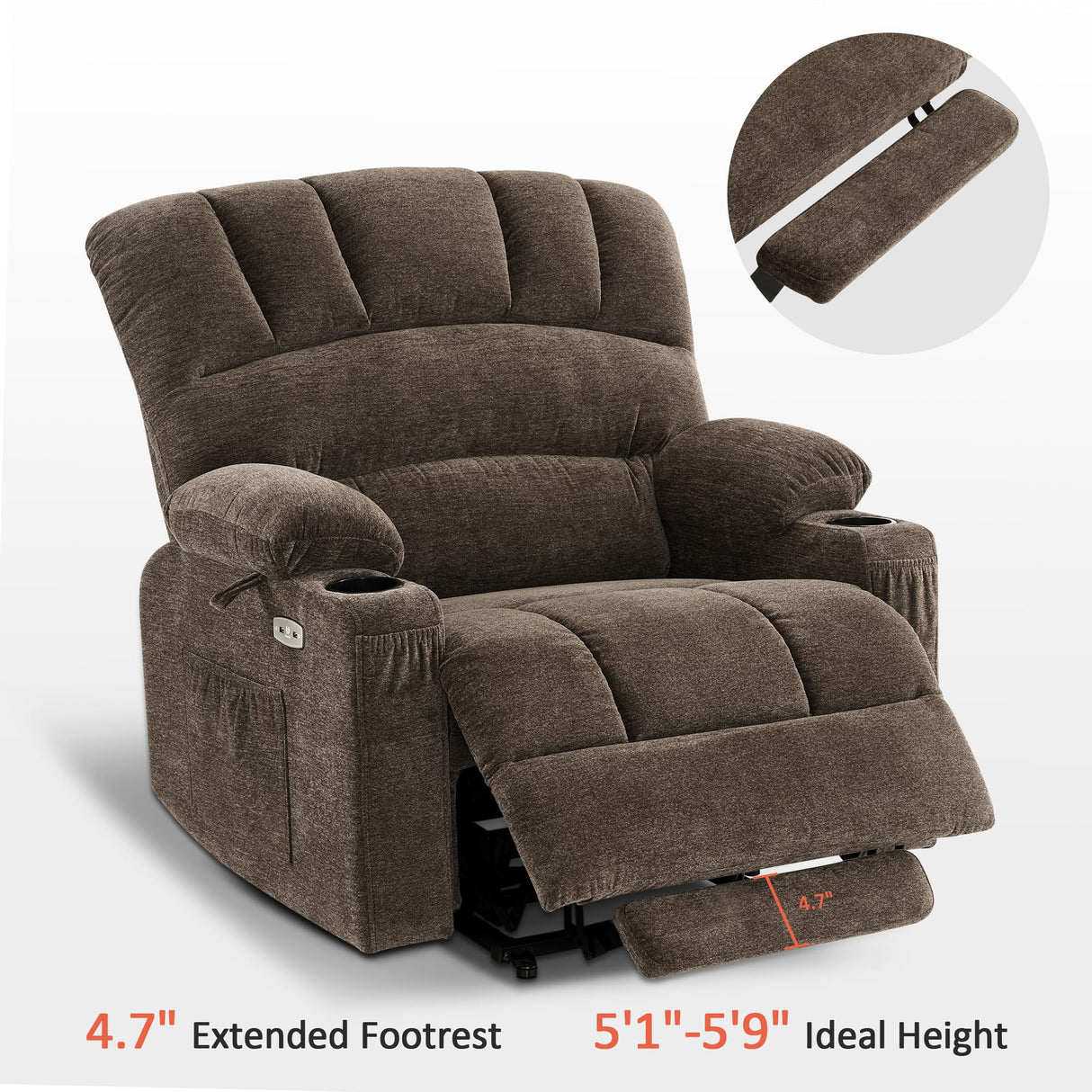 MCombo Power Lift Recliner Chair Sofa with Massage and Heat for Big Elderly People, USB Ports, Side Pockets, Fabric R7096 (Medium-Wide, Coffee) MCombo
