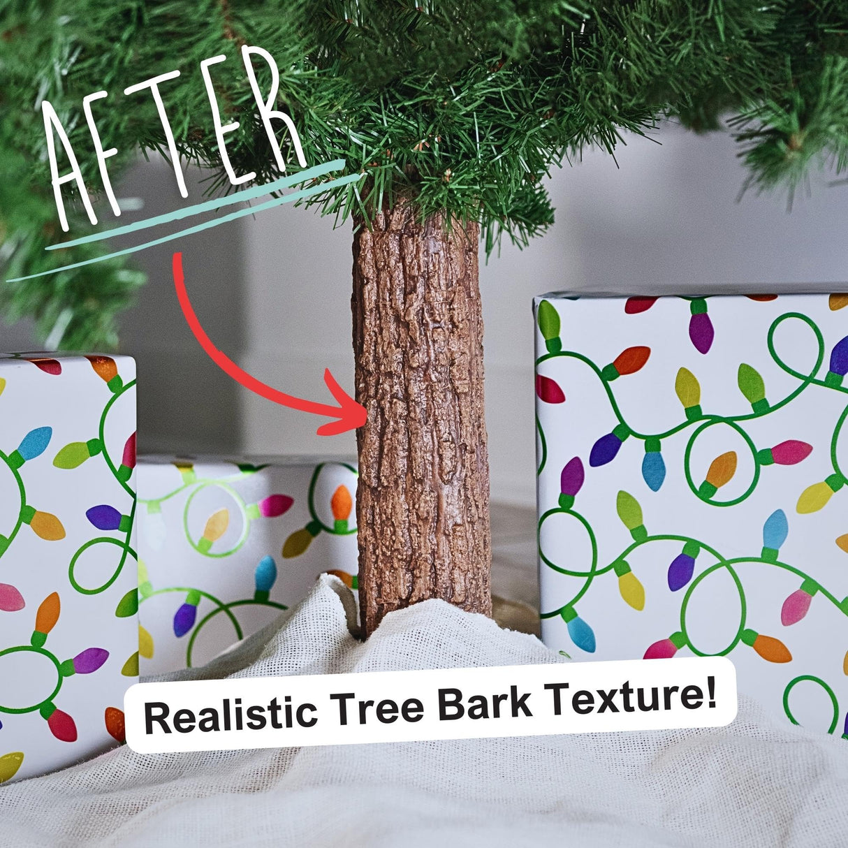 Realistic Faux Brown Bark Xmas Tree Skirt Hides Fake Pole, By Christmas Tree Hugger The Christmas Tree Hugger