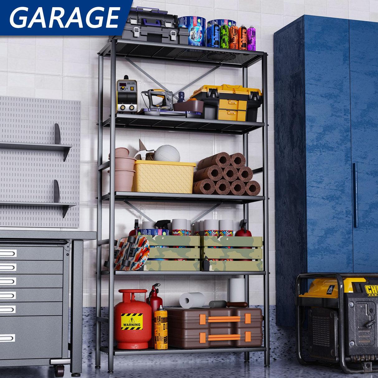 5-Tier Heavy Duty Garage Shelving Unit,Standing Storage Shelf,Metal Wire Rack Shelf Suitable for Laundry Rooms,Bathrooms,Kitchen Storage Rooms,Wardrobes(Black,37.8L x 14W x 65.7H) Soywey