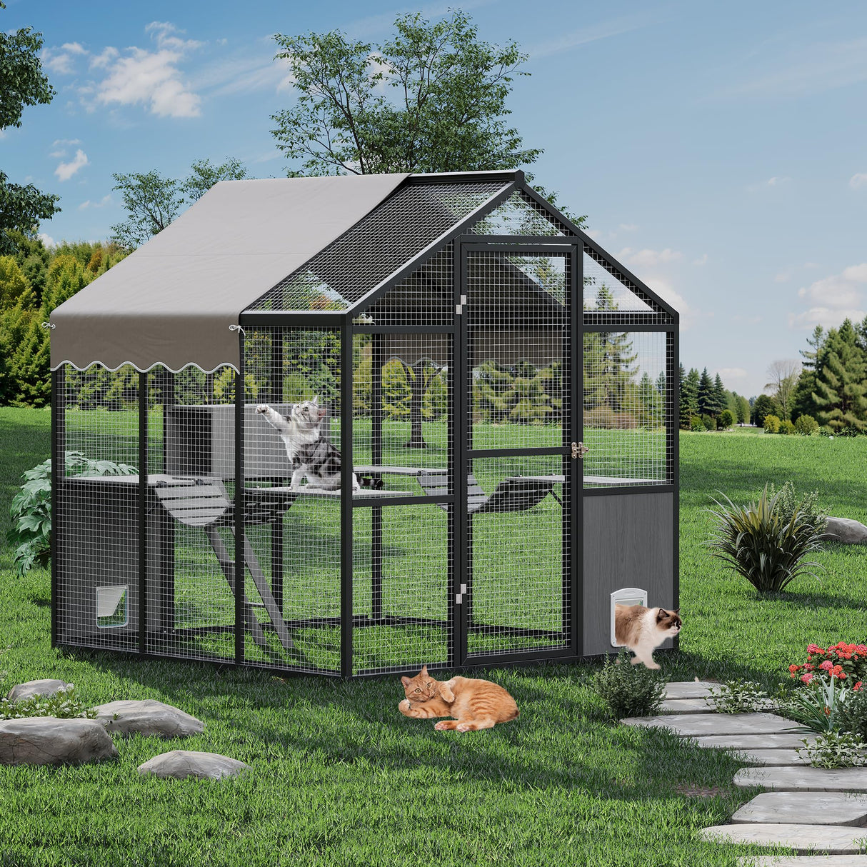 Aluminum Extra Large Catio Outdoor Cat Enclosure for Multiple Cats, Catio Large Cat Run, Cats Run Enclosure Walk in Kitten Condo with Channels, Side Door, UV Proof Cover, Huge Condo, Platform Reljofum