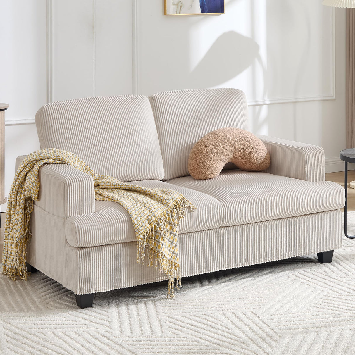 HOMYKA Loveseat Sofa, 60" Corduroy Couch with Side Pocket, Removable Pillow and Cushion Cover 2 seat Couches, Comfy Modern Small Couch for Living Room, Small Spaces, Dorms, Office, Beige HOMYKA