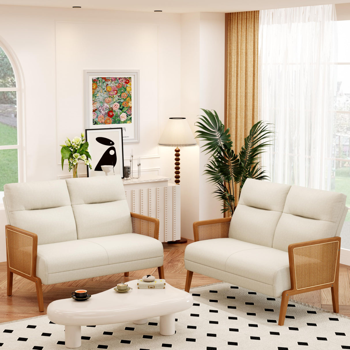 POINTANT Love Seat Settee Mini Couch Upholstered Sofa with Natural Rattan Armrest Backrest Couch Bench Loveseat for Living Room Bedroom Beige POINTANT