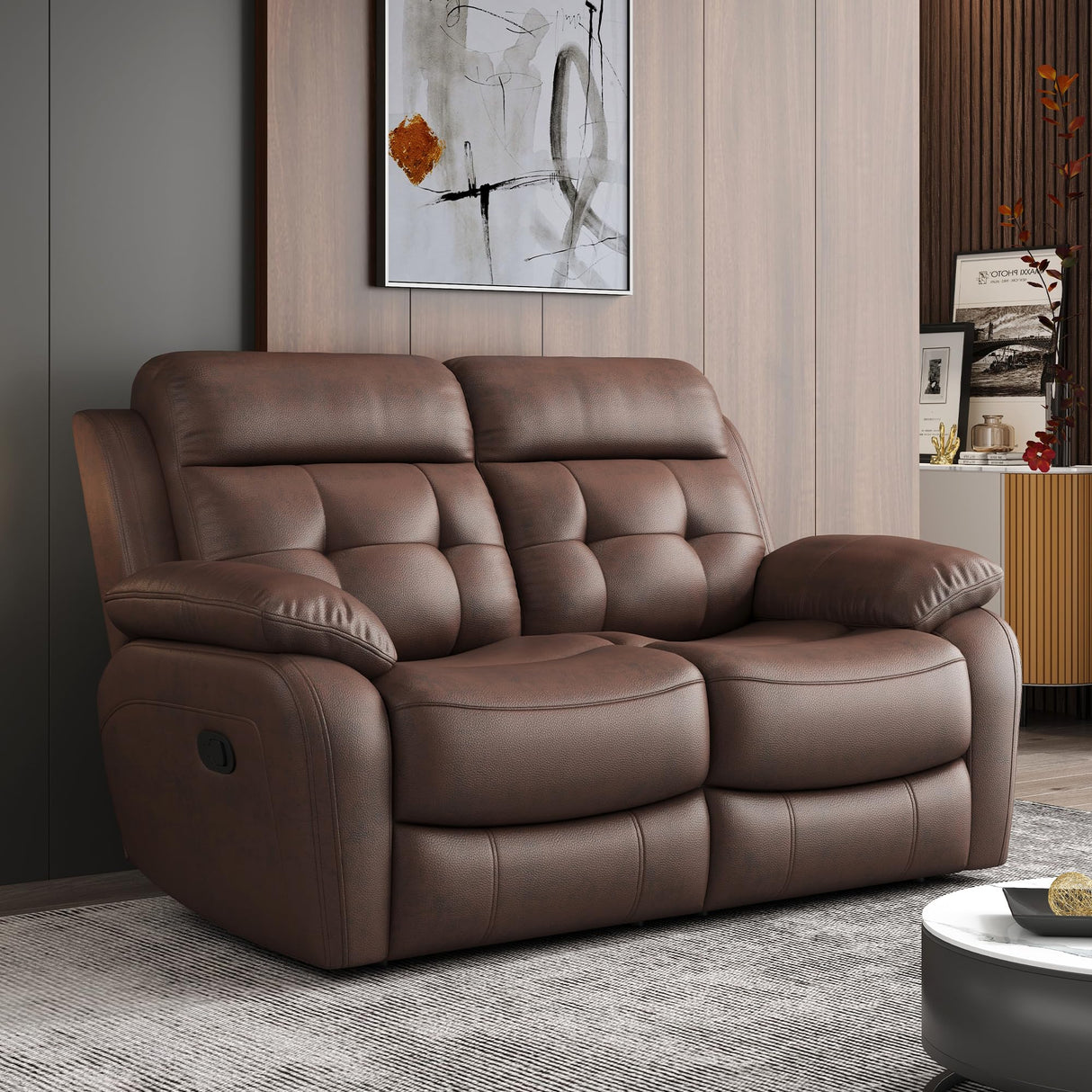 Msutree Loveseat Recliner Sofa, Oversized 2 Seater Reclining Loveseat Chair, Top Grain Leather Manual Recliner Sofa, Brown Modern Double Seater Couch for Living Room Msutree