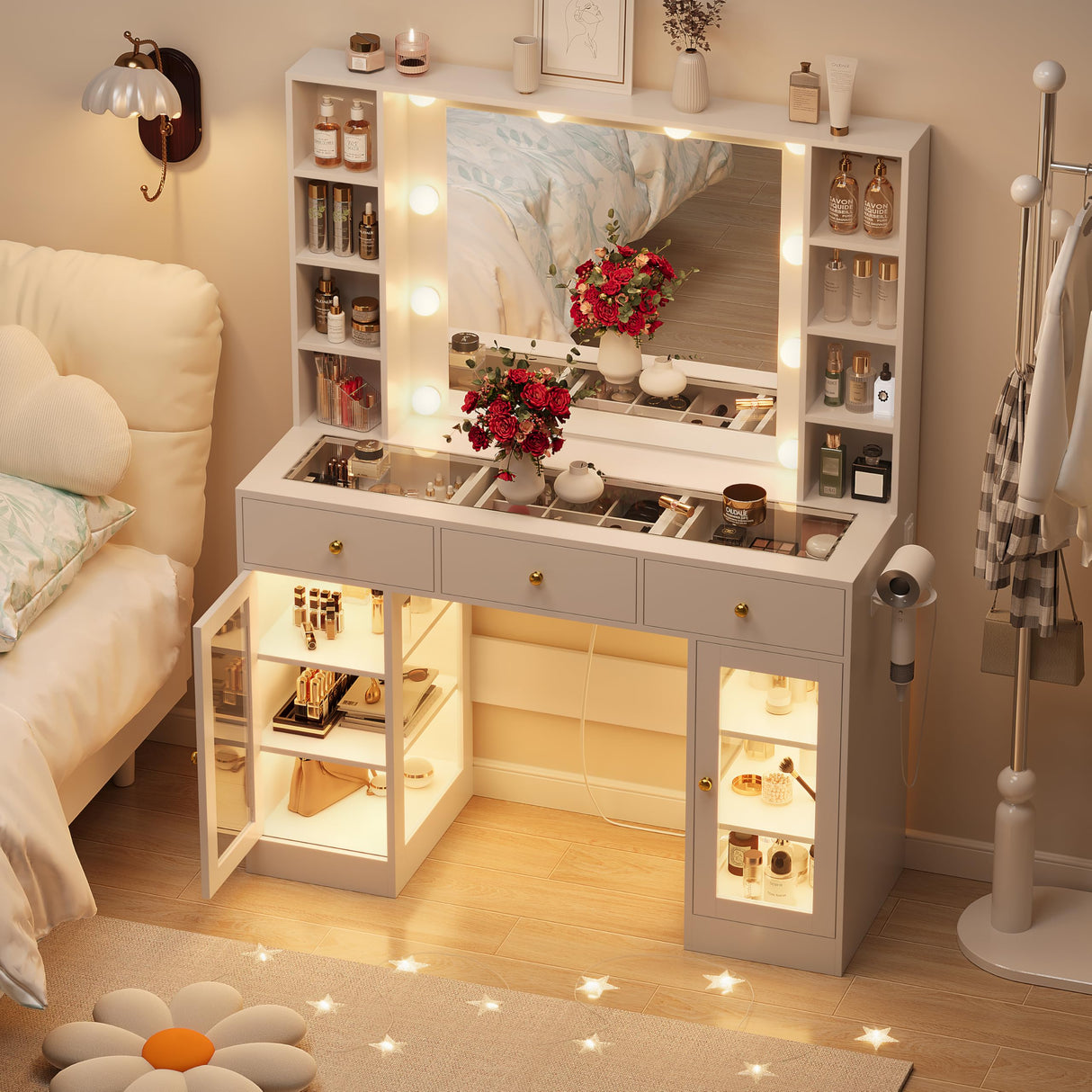 HUANLEGO White Vanity Desk with Mirror and Lights, Glass Top Vanity with Lighted Mirror & RGB Glass Cabinet and 3 Drawers, Makeup Vanity Desk with Lights Dressing Table for Bedroom, 3 Color Modes HUANLEGO