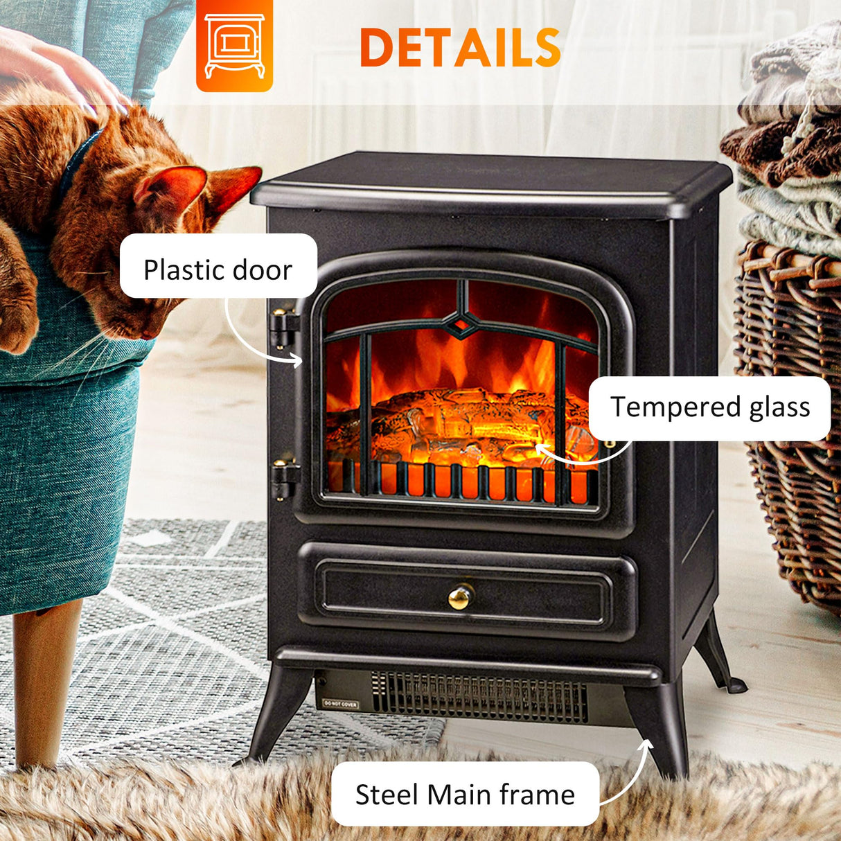 HOMCOM 22" Electric Fireplace Heater, Freestanding Fire Place Stove with Realistic LED Flames and Logs, and Overheating Protection, 750W/1500W, Black HOMCOM