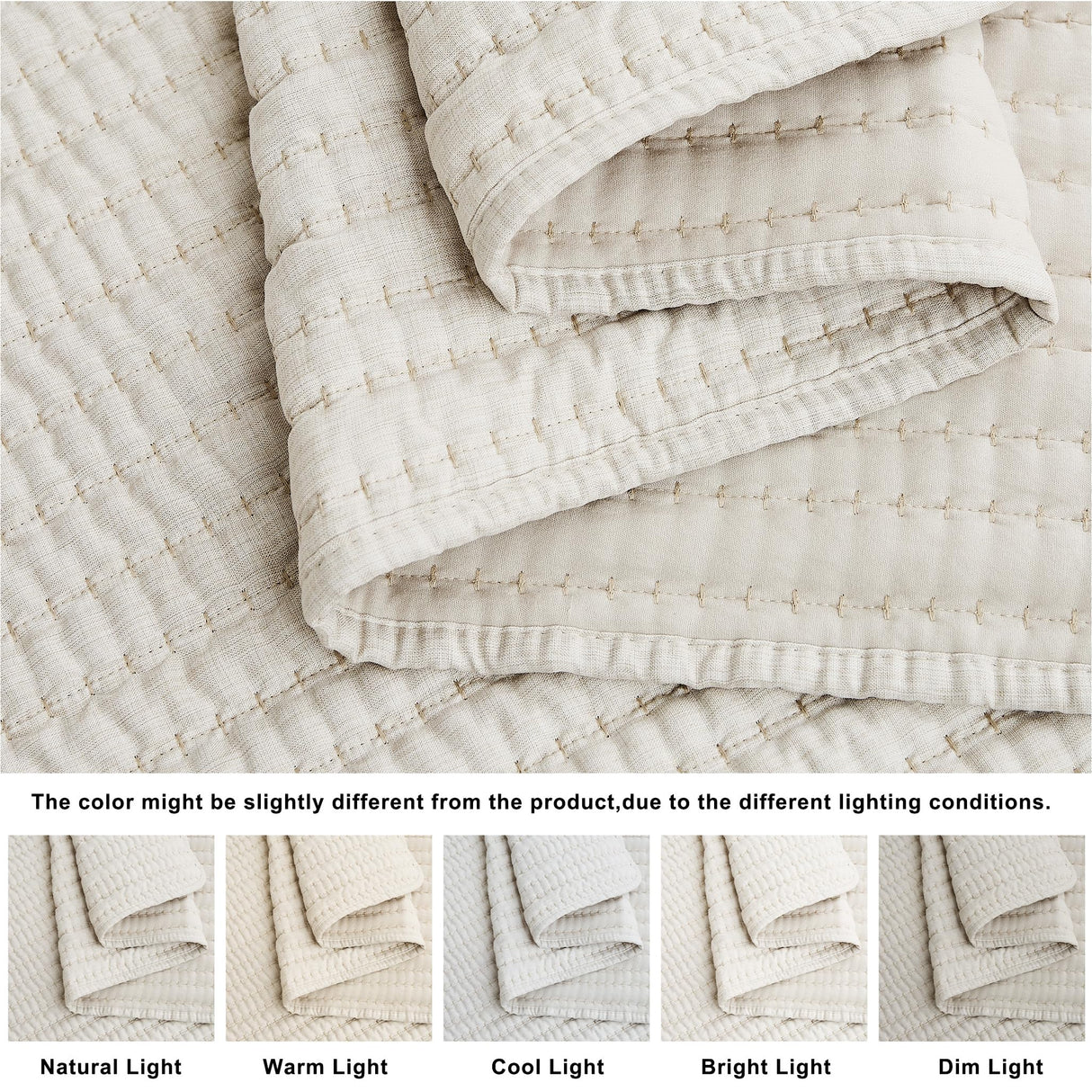 WDCOZY Beige Pick Stitch Queen Size Quilt Set, Striped Lightweight Soft Summer Spring Bedspread, Bamboo Linen Like Textured Coverlet, Chambray Farmhouse Country Rustic Bedding, Netural Thin Comforter WDCOZY