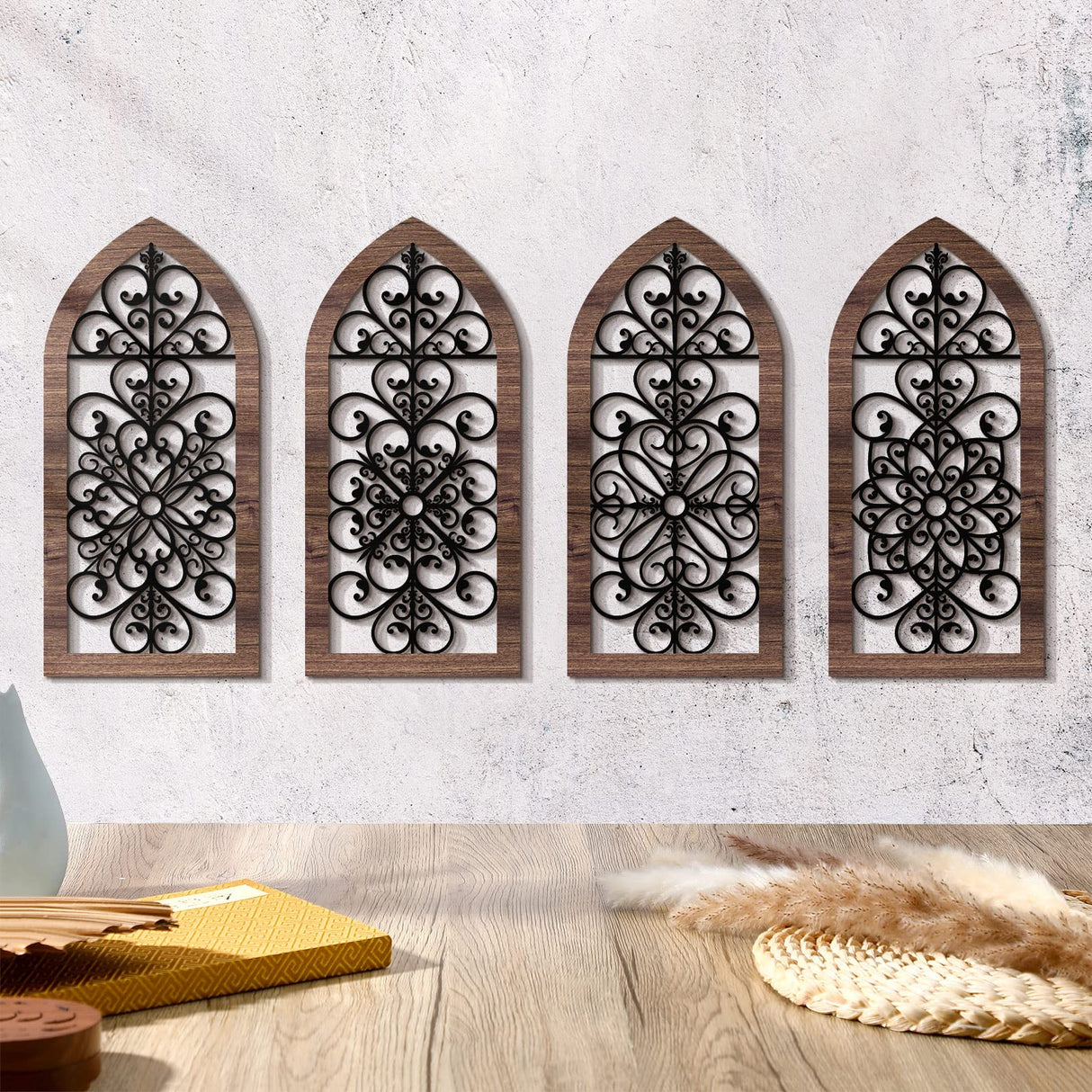 4 Pieces Thicken Rustic Wall Decor Modern Farmhouse Decor Wooden Hollow Carved Design Wall Art for Living Room Bedroom Hallway Decor Office Kitchen Wall Decoration (Elegant Style) Yulejo
