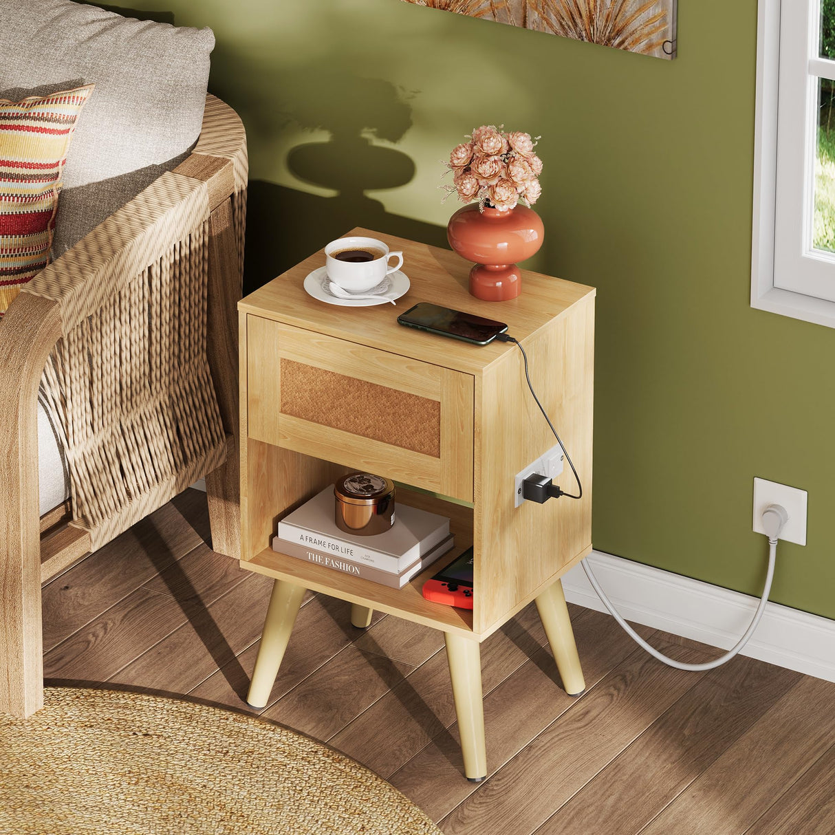 WLIVE Rattan Nightstand with Charging Station, Boho Night Stand, Small Bedroom Side Table, End Table with Drawer and Storage, Wood Bedside Table for Bedroom, Small Spaces, Natural Oak WLIVE