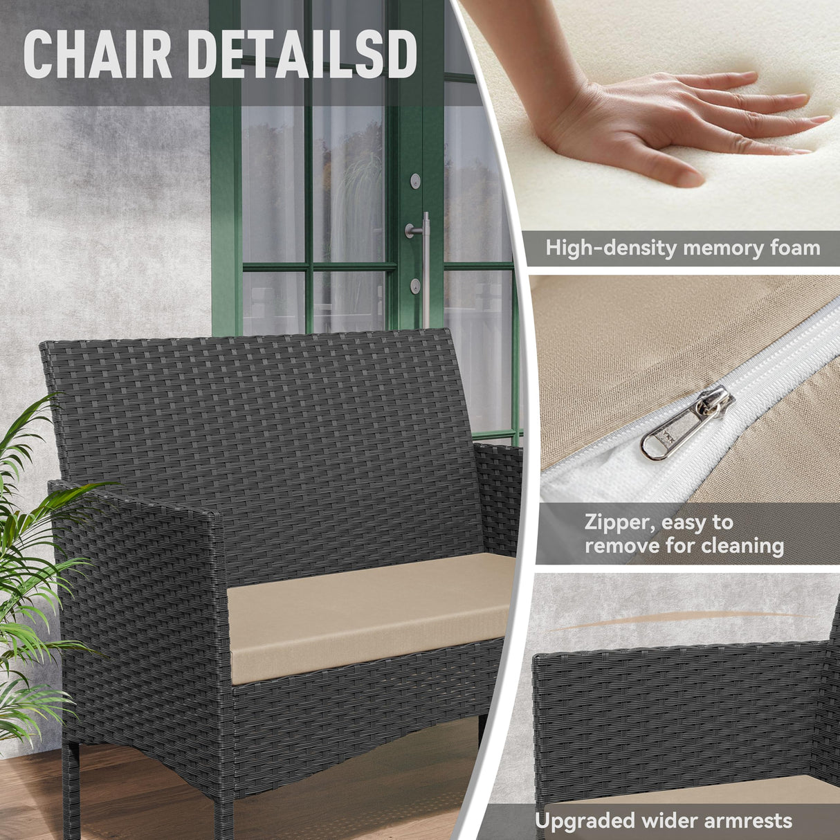 Kurapika Patio Furniture Set 4 Pieces Outdoor Wicker Rattan Chairs Conversation Sets w/Coffee Table, Rocking Bistro Set, for Patio Lawn Backyard (Sand) Kurapika