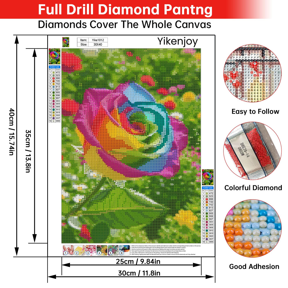 Yikenjoy Rose Diamond Art Kit for Adults – 5D Diamond Painting Kit for Beginner, Full Drill DIY Rainbow Rose Diamond Art, Relaxing & Fun Diamond Art Kits for Adults, Wall Decor 16 x 12 in Yikenjoy