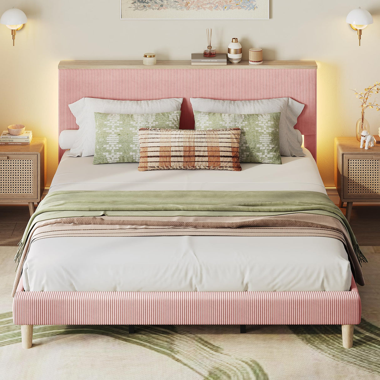 Bestier King Corduroy Upholstered Bed Frame with Adjustable Vertical Channel Headboard, LED Platform Bed with Storage Shelf, Solid Wood Leg & Slat Support, No Box Spring Needed, Never Squeaks, Pink Bestier