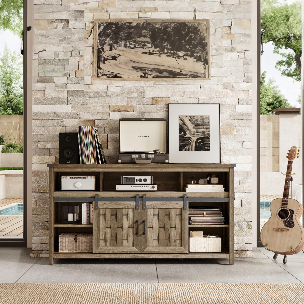 LINSY HOME Farmhouse TV Stand for 65 Inch TV, Tall Highboy Entertainment Center with Sliding Barn Door, Rustic Media Console with Storage Shelves, Wood Television Stand for Living Room, Light Brown LINSY HOME