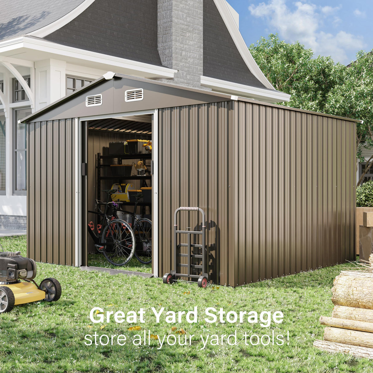 10FT x 8FT Outdoor Storage Shed, Waterproof, Lockable Door Metal Tool Shed with Sliding Door and Air Vents, Storage House for Gardening Tools, Metal Storage Shed for Garden, Backyard, Lawn RTDTD