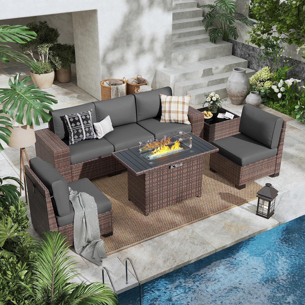 ELPOSUN 7 Pieces Outdoor Patio Furniture Set with 44" Fire Pit Table Brown Rattan Sectional Sofa Conversation Sets for Balcony Lawn and Garden (Gray, 7 pcs w/Fire Table) ELPOSUN