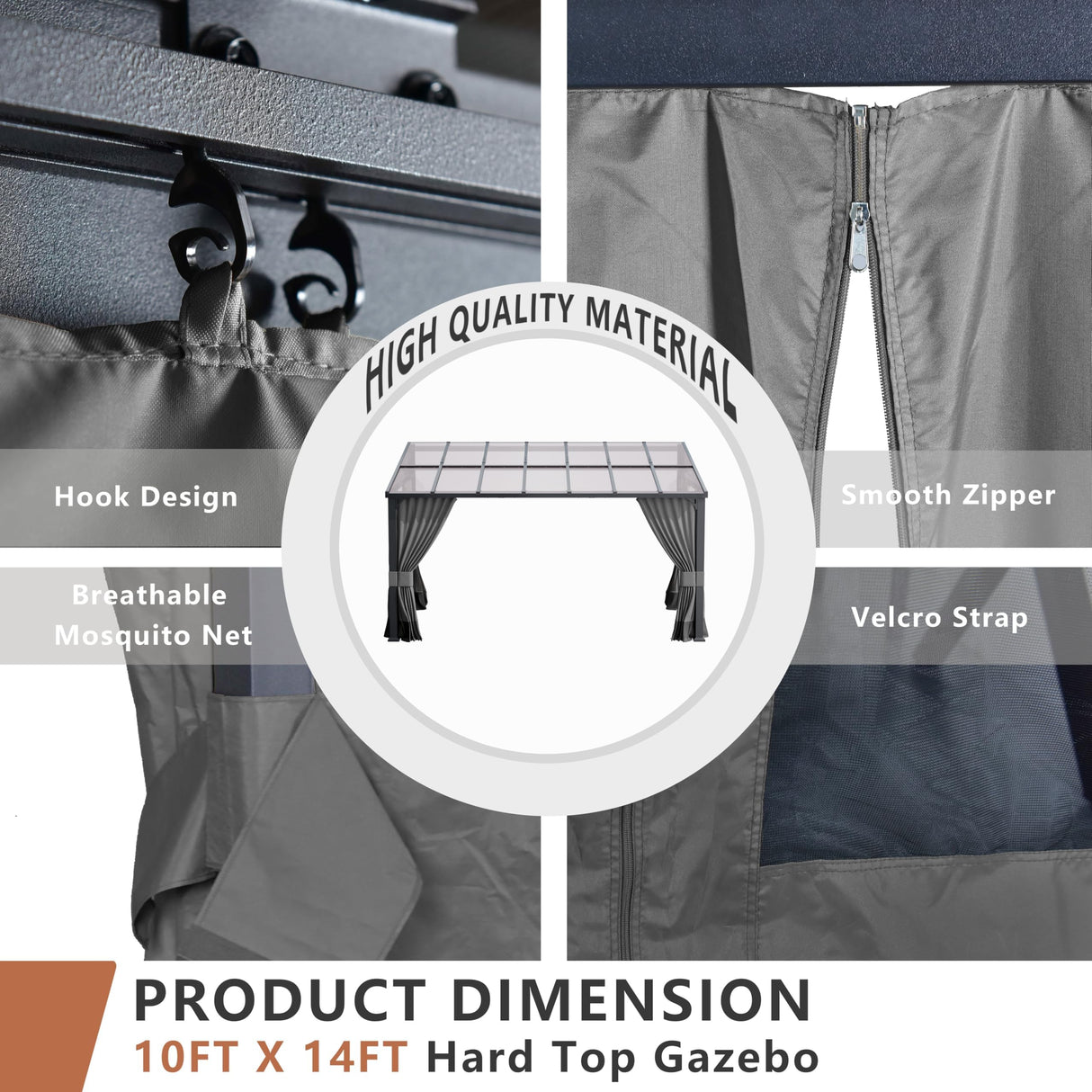 ALAULM 10'x 14' Outdoor Hardtop Pergola,Wall Mounted Lean to Gazebo with Curtains and Netting,Galvanized Metal Frame,Sunshade for Patio, Backyard, Deck and Lawns-Gray ALAULM