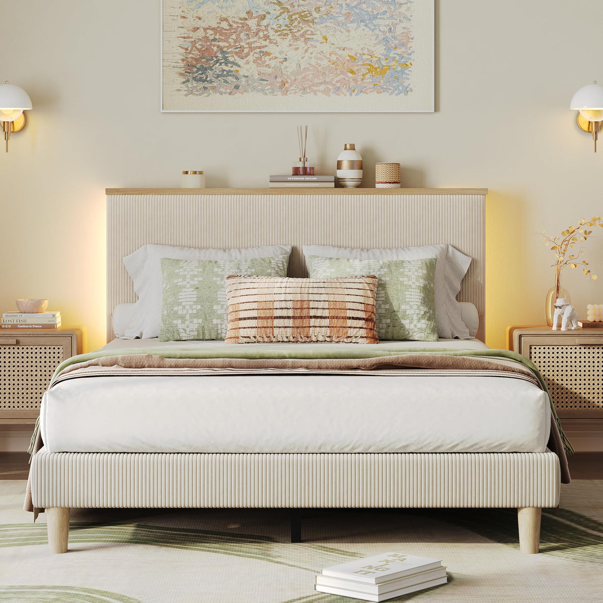 Bestier Full Bed Frame with Adjustable Headboard & LED Lighting, Corduroy Upholstered Platform Bed Frame with Storage Shelf, Solid Wood Slats, No Box Spring Needed, Never Squeak, Easy Assembly, Beige Bestier