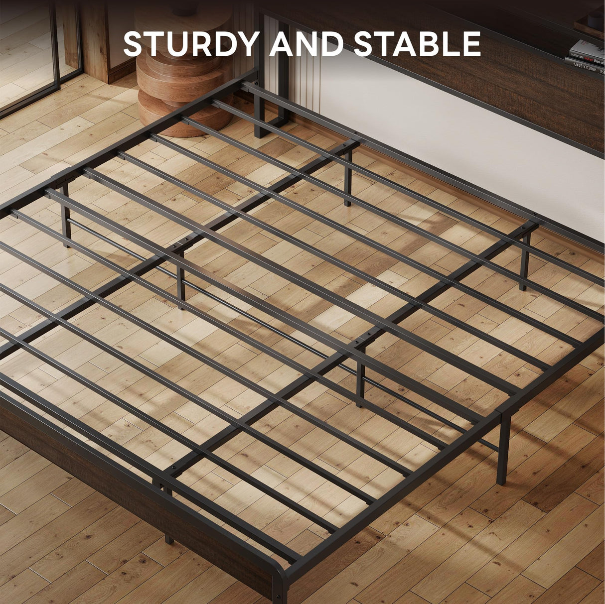 LIKIMIO King Bed Frame with Headboard, Dark Wood Camas King with Strong Supports, Sturdy, Noise-Free, No Box Spring Needed, Dark Brown LIKIMIO