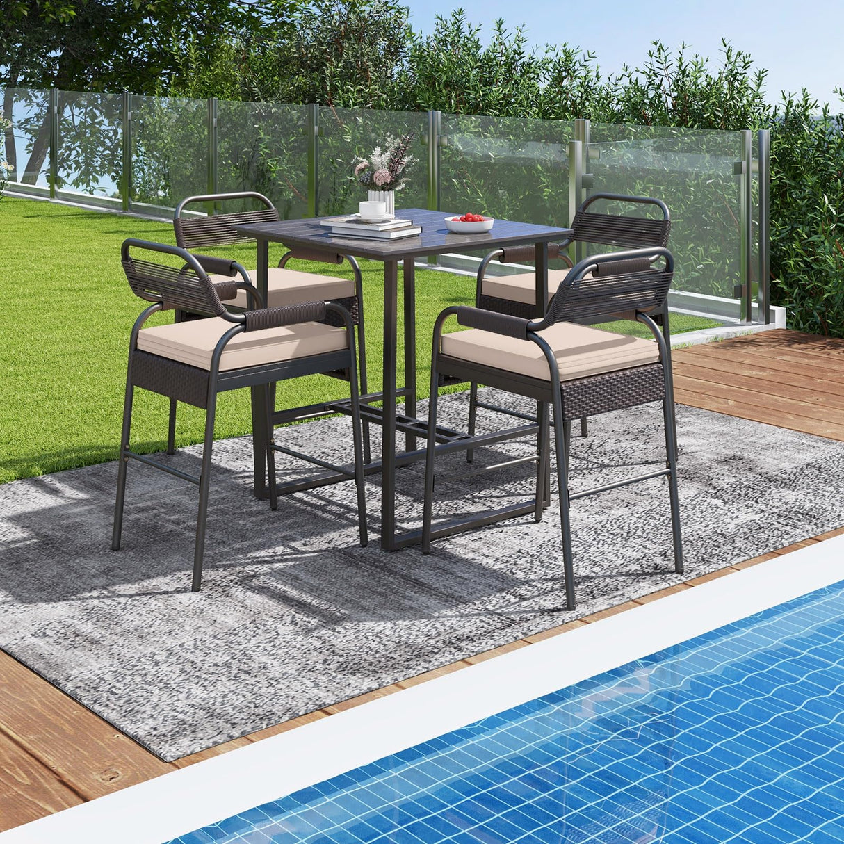 Tangkula 5-Piece Patio Rattan Bar Set, Counter Height Square Table with 4 Wicker Counter Stools, All-Weather Tabletop, Cushioned Outside Dining Set for Poolside, Backyard (Brown) Tangkula