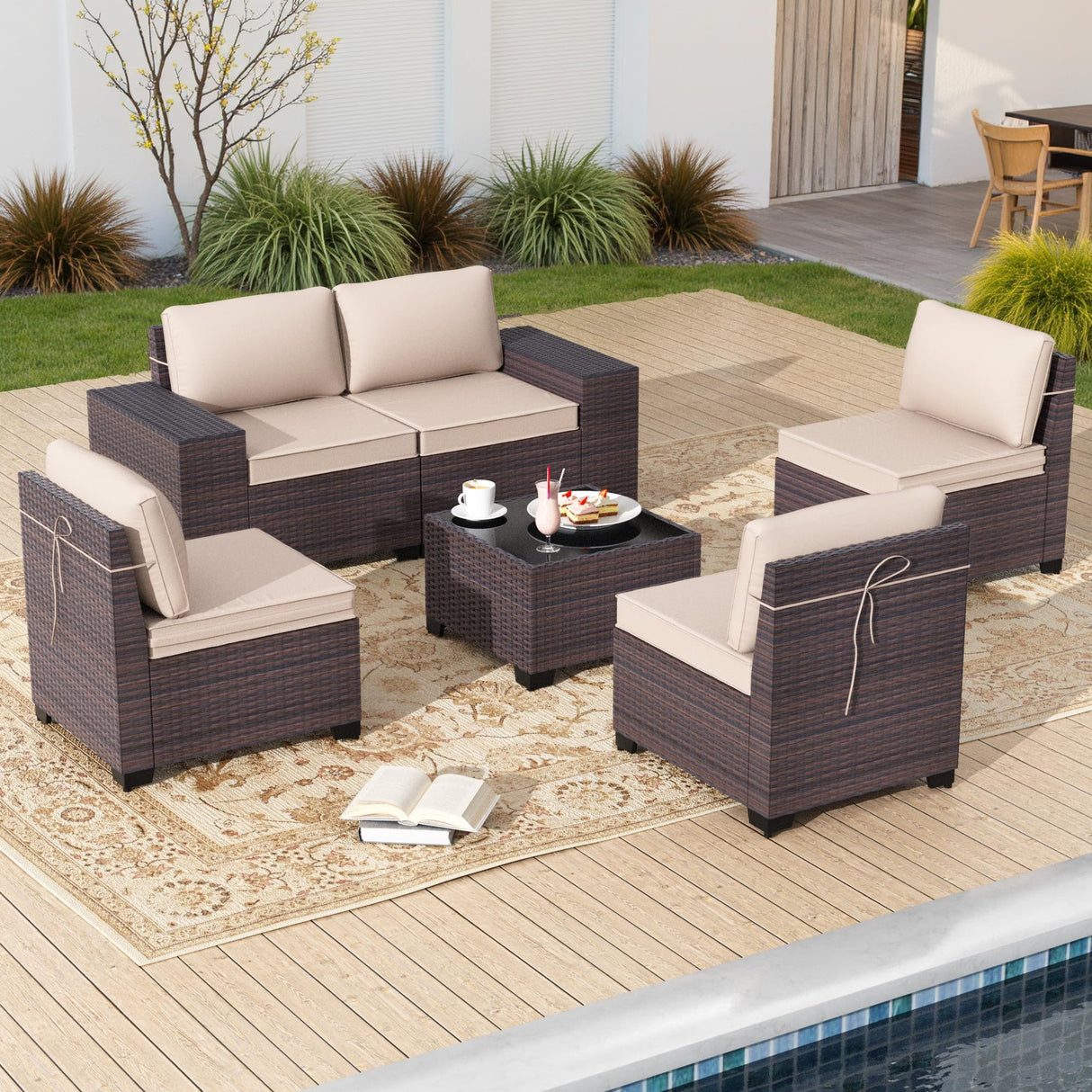Gotland 6 Pieces Patio Furniture Set with 1 Coffee Table, 5 Seater Rattan Outdoor Sectional with Wide Armrests 29.5'' High Backrest Thick Waterproof Cushions, Conversation Sets for Deck Garden Khaki Gotland