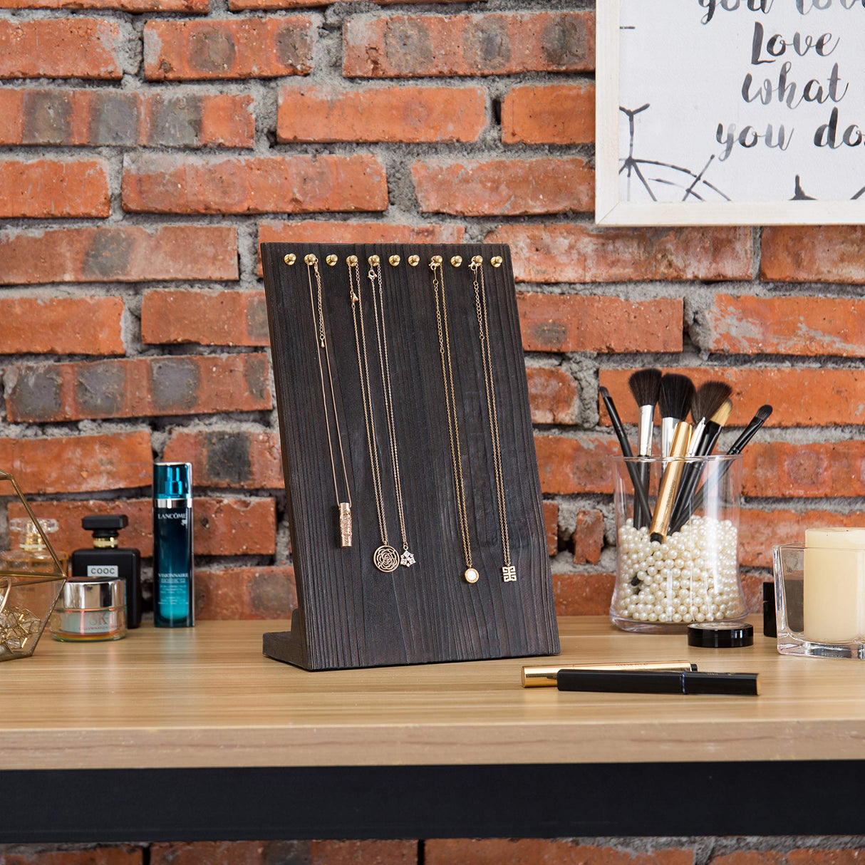 MyGift 12-Inch Rustic Brown Solid Wood Multiple Necklace Holder Stand, Freestanding Jewelry Stand Chain Organizer Display Rack with 11 Brass-Tone Peg Hooks MyGift